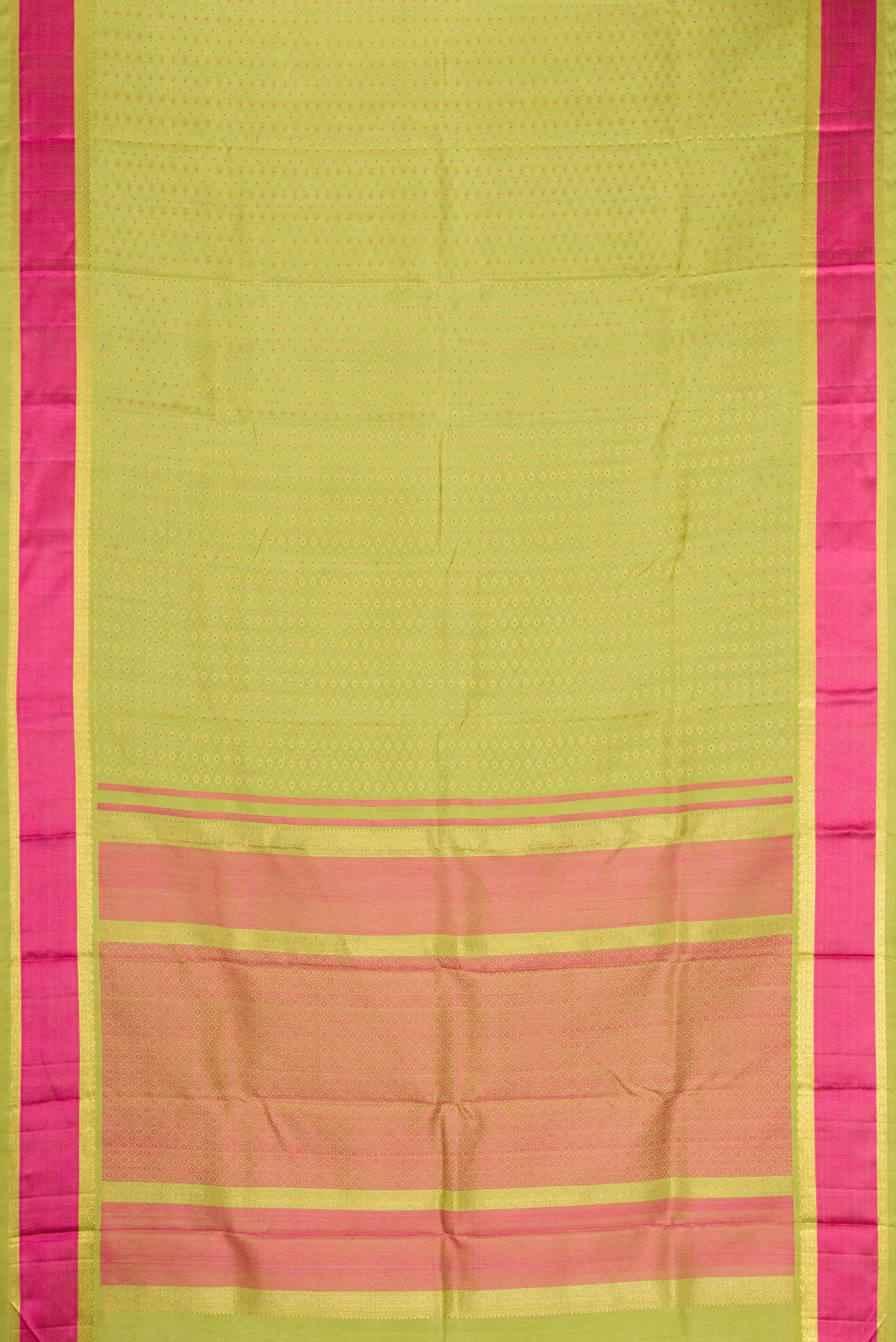 Flat view of Pure Silk Pure Zari Parrot Green Dual Tone Kanchipuram Saree with Jacquard With Zari Butta on the body and Zari And Thread Border. 