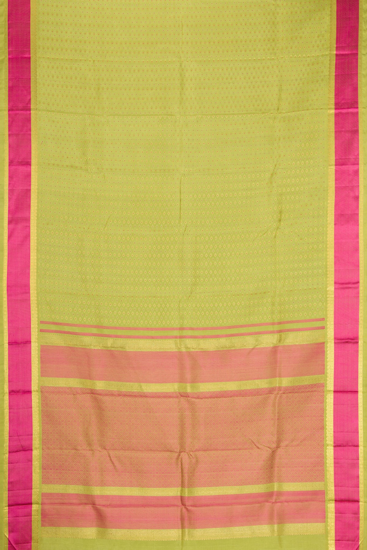 Flat view of Pure Silk Pure Zari Parrot Green Dual Tone Kanchipuram Saree with Jacquard With Zari Butta on the body and Zari And Thread Border. 