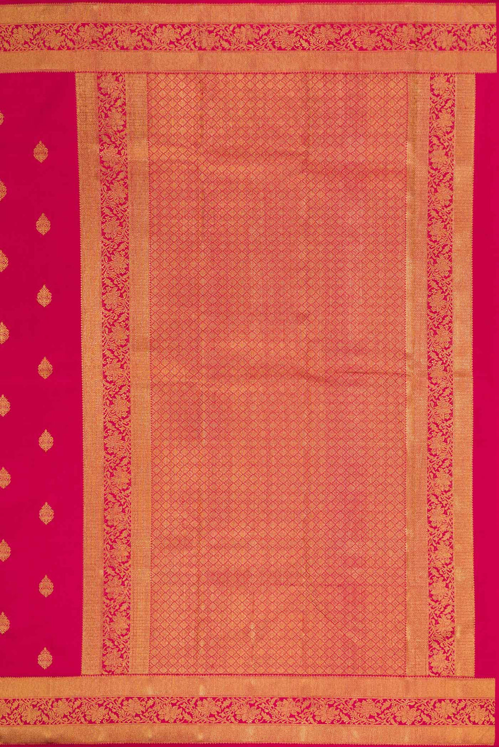 Close up image of the pallu of Pure Silk Pure Zari Dark Pink Dual Tone Kanjivaram Saree with Zari Butta on the body and Zari Border. 