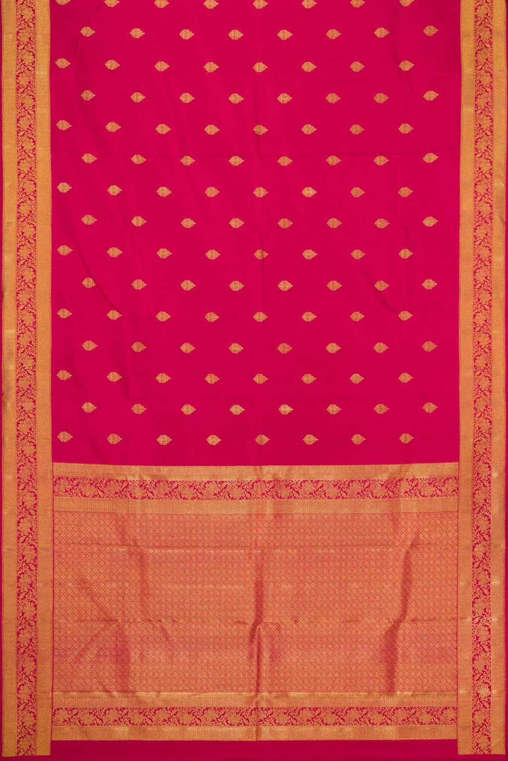 Flat view of Pure Silk Pure Zari Dark Pink Dual Tone Kanjivaram Saree with Zari Butta on the body and Zari Border. 