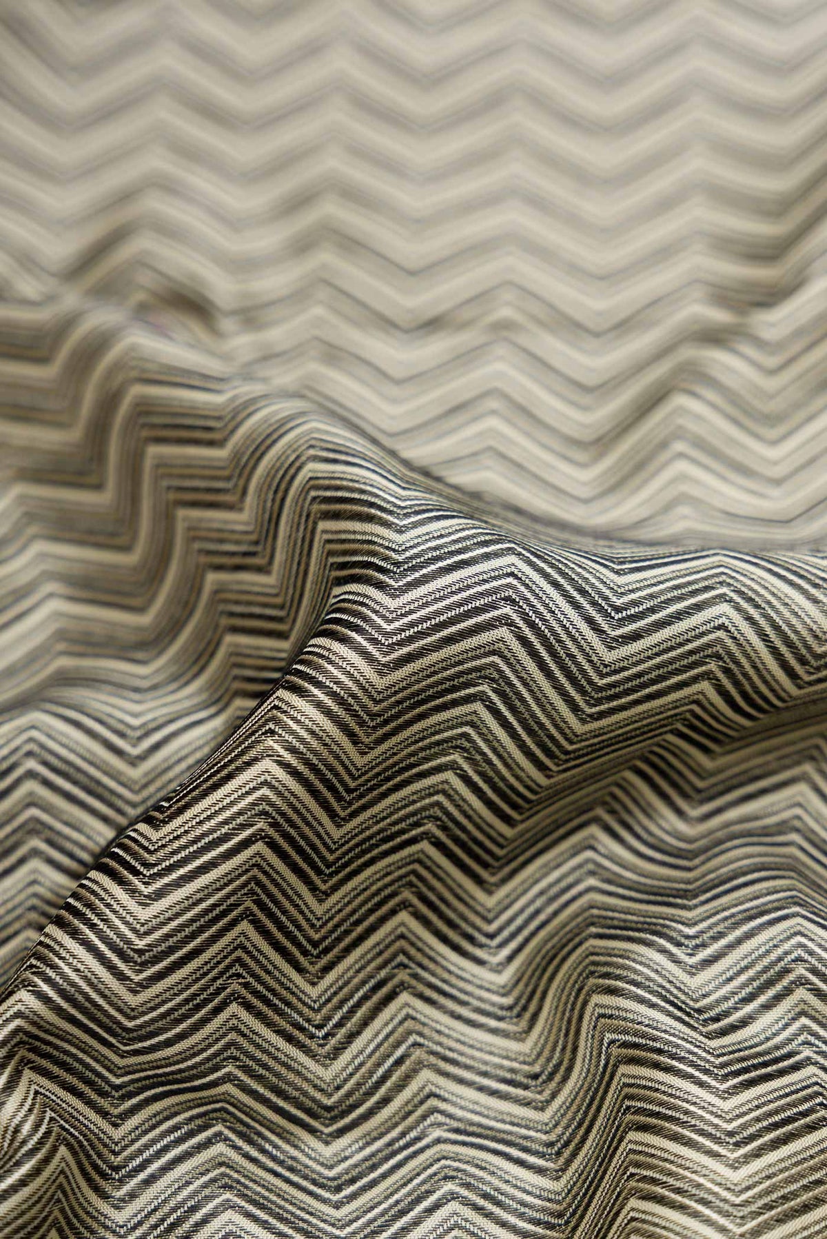 Close up of Pure Silk Pure Zari Grey Dual Tone Kanchipuram Saree with Jacquard design on the body and Zari Border displaying folds