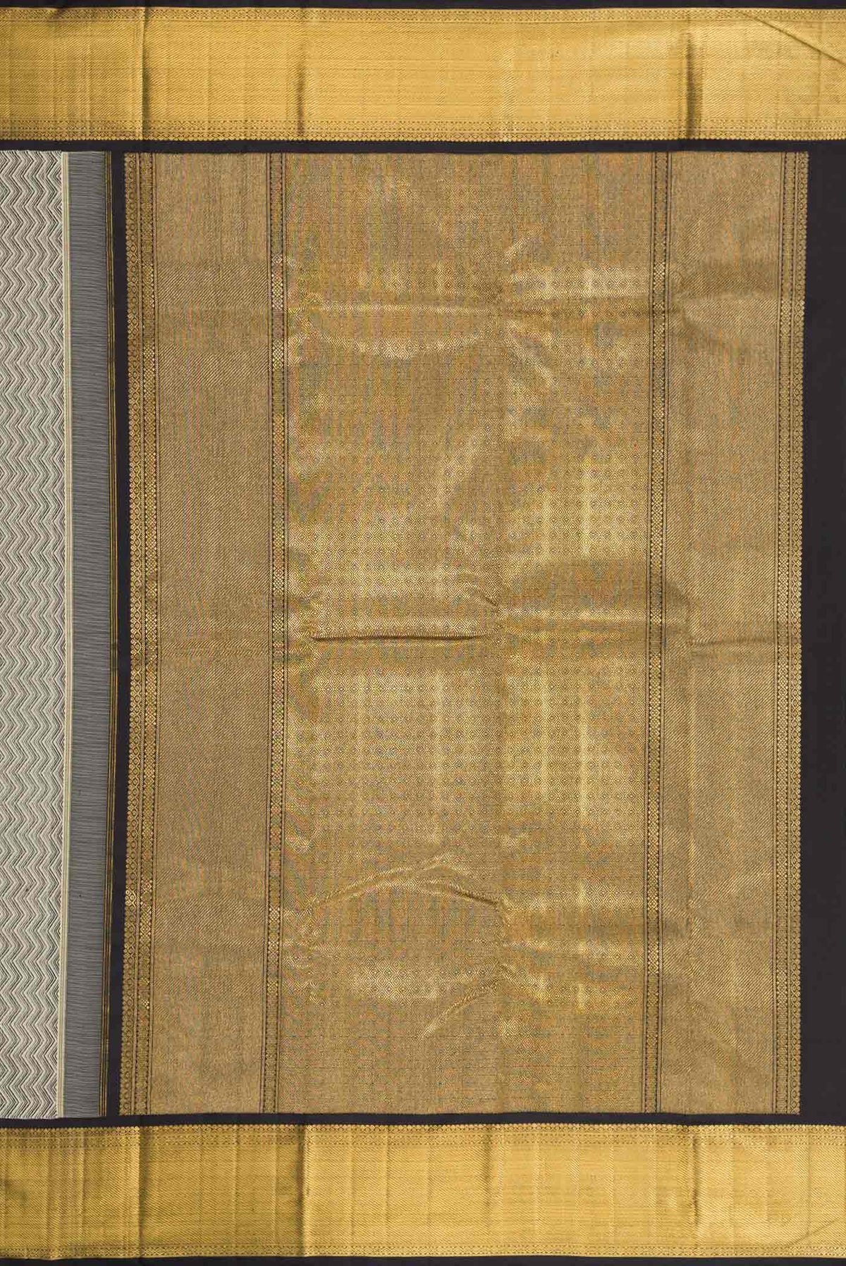 Close up image of the pallu of Pure Silk Pure Zari Grey Dual Tone Kanchipuram Saree with Jacquard design on the body and Zari Border