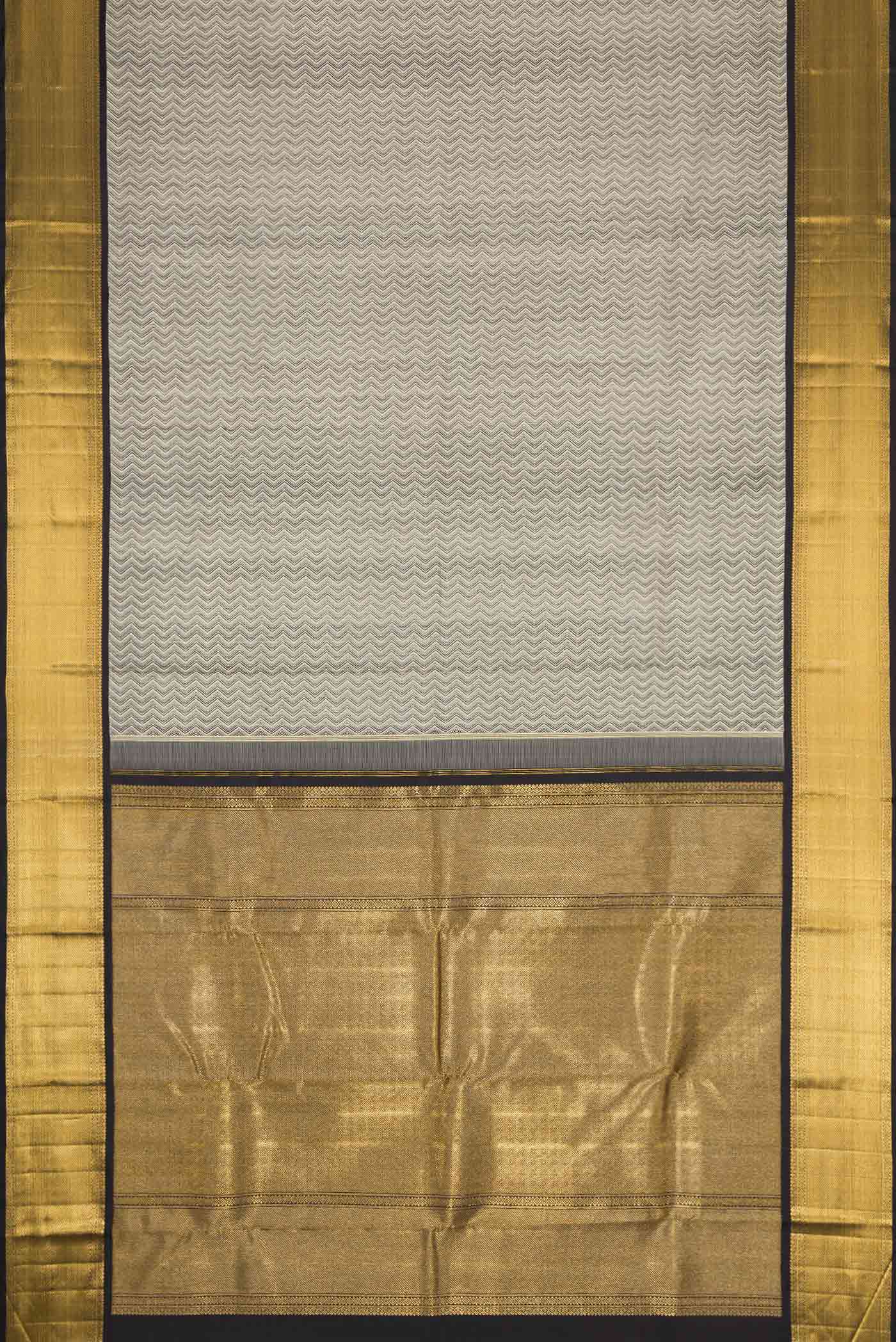 Flat view of Pure Silk Pure Zari Grey Dual Tone Kanchipuram Saree with Jacquard design on the body and Zari Border
