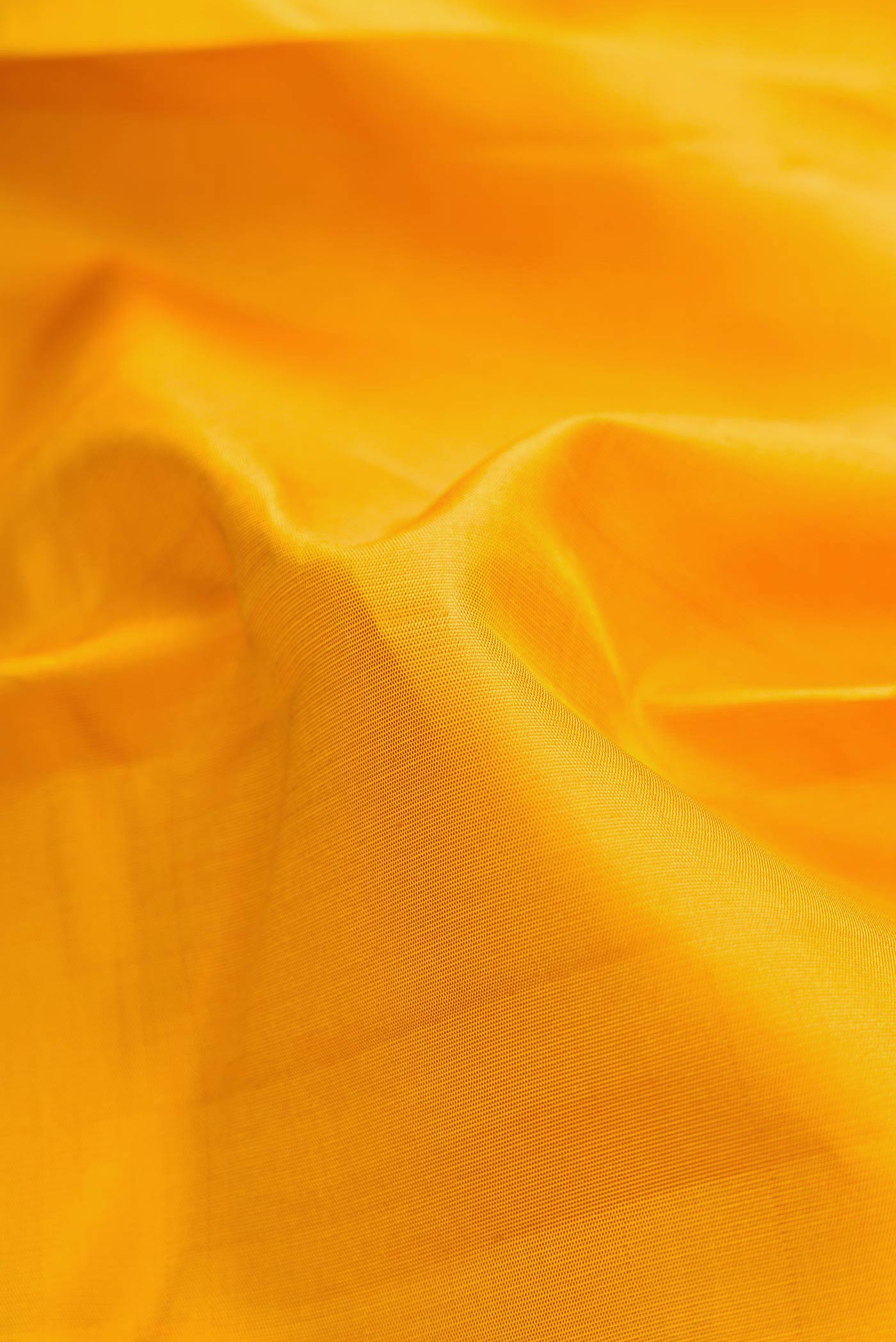 Close up of Pure Silk Pure Zari Yellow Dual Tone Kanchipuram Saree with Plain Body and Zari Border displaying folds