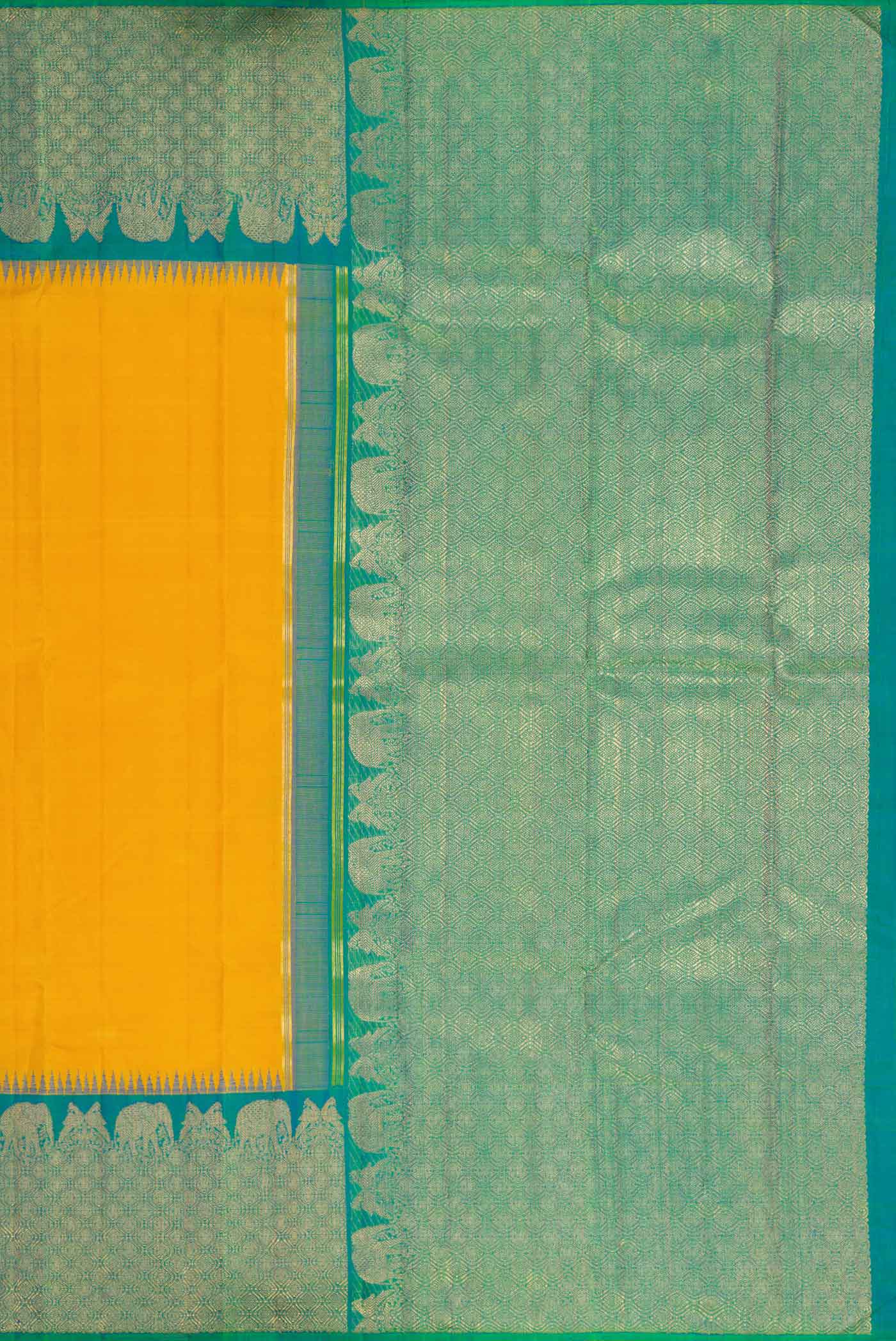 Close up image of the pallu of Pure Silk Pure Zari Yellow Dual Tone Kanchipuram Saree with Plain Body and Zari Border