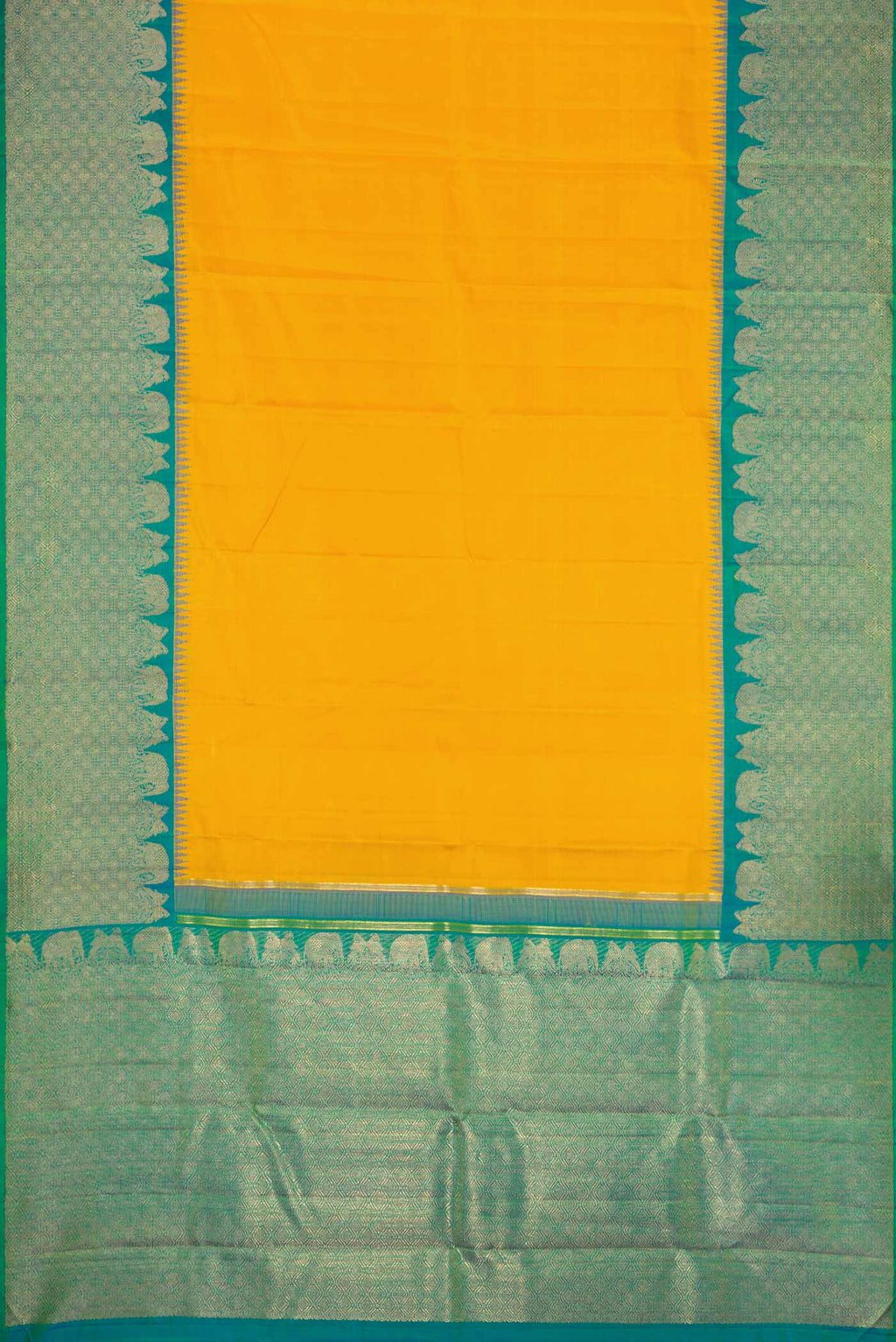 Flat view of Pure Silk Pure Zari Yellow Dual Tone Kanchipuram Saree with Plain Body and Zari Border