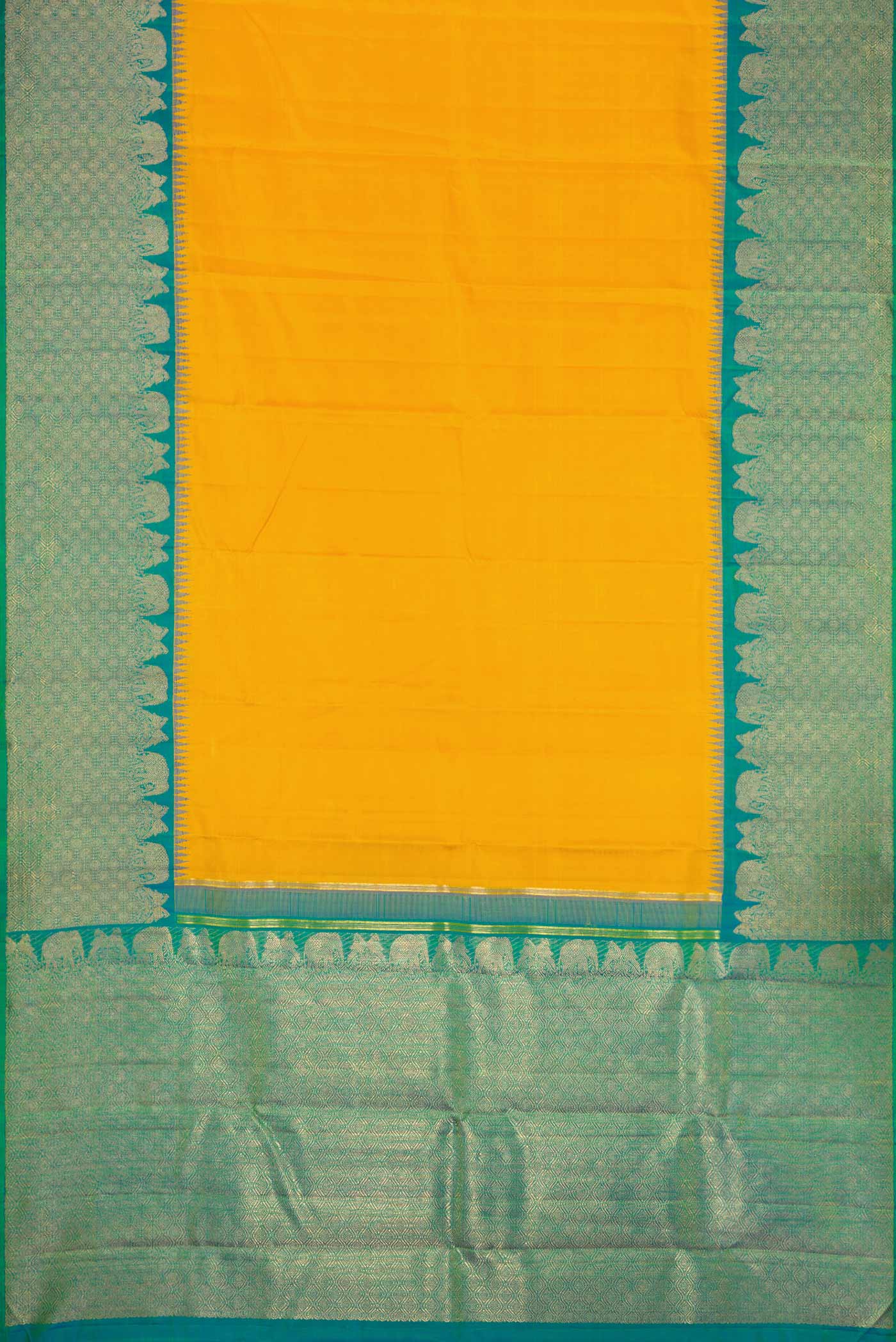 Flat view of Pure Silk Pure Zari Yellow Dual Tone Kanchipuram Saree with Plain Body and Zari Border