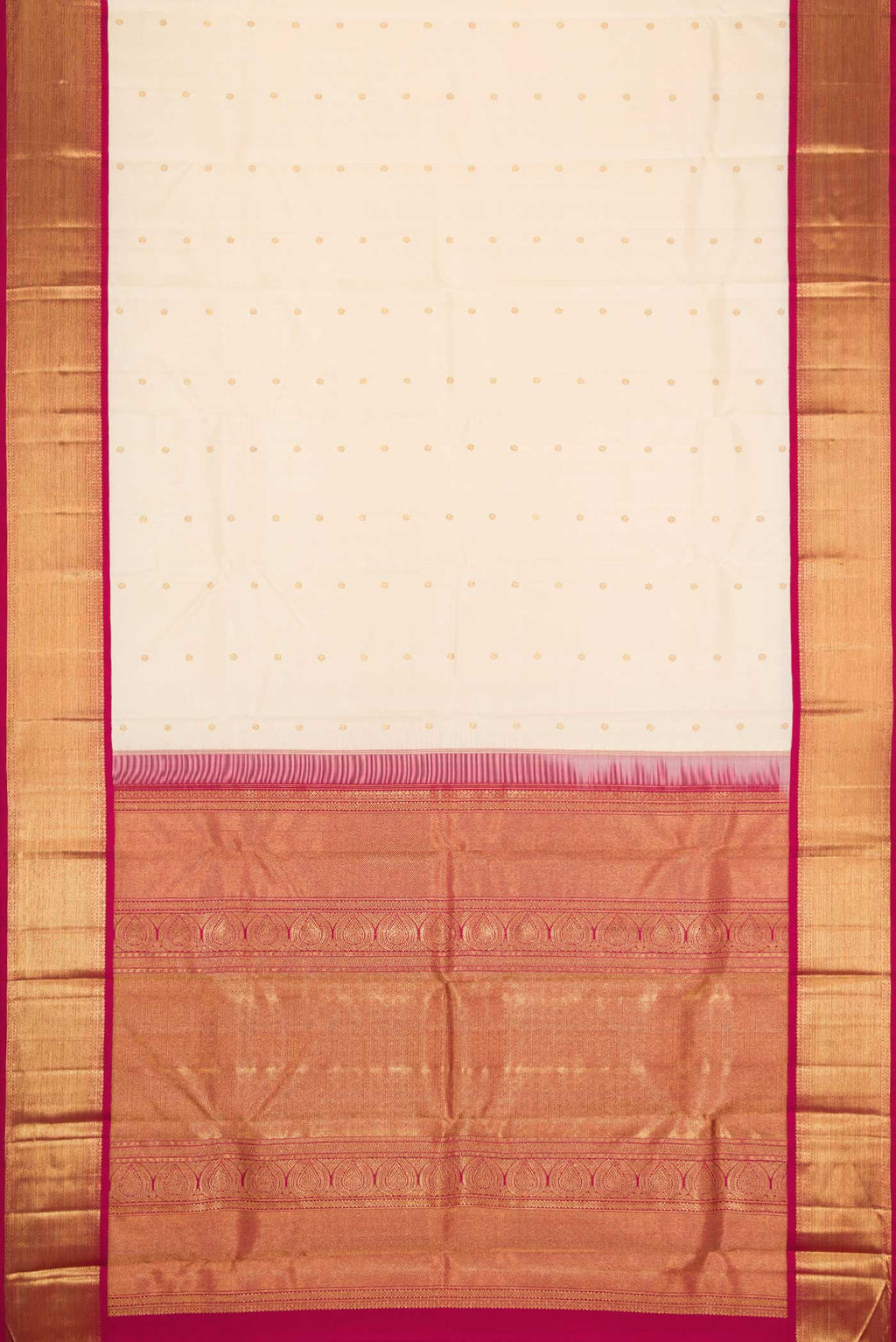 Flat view of Pure Silk Pure Zari Sandal Dual Tone Kanchipuram Saree with Zari Butta on the body and Zari Border