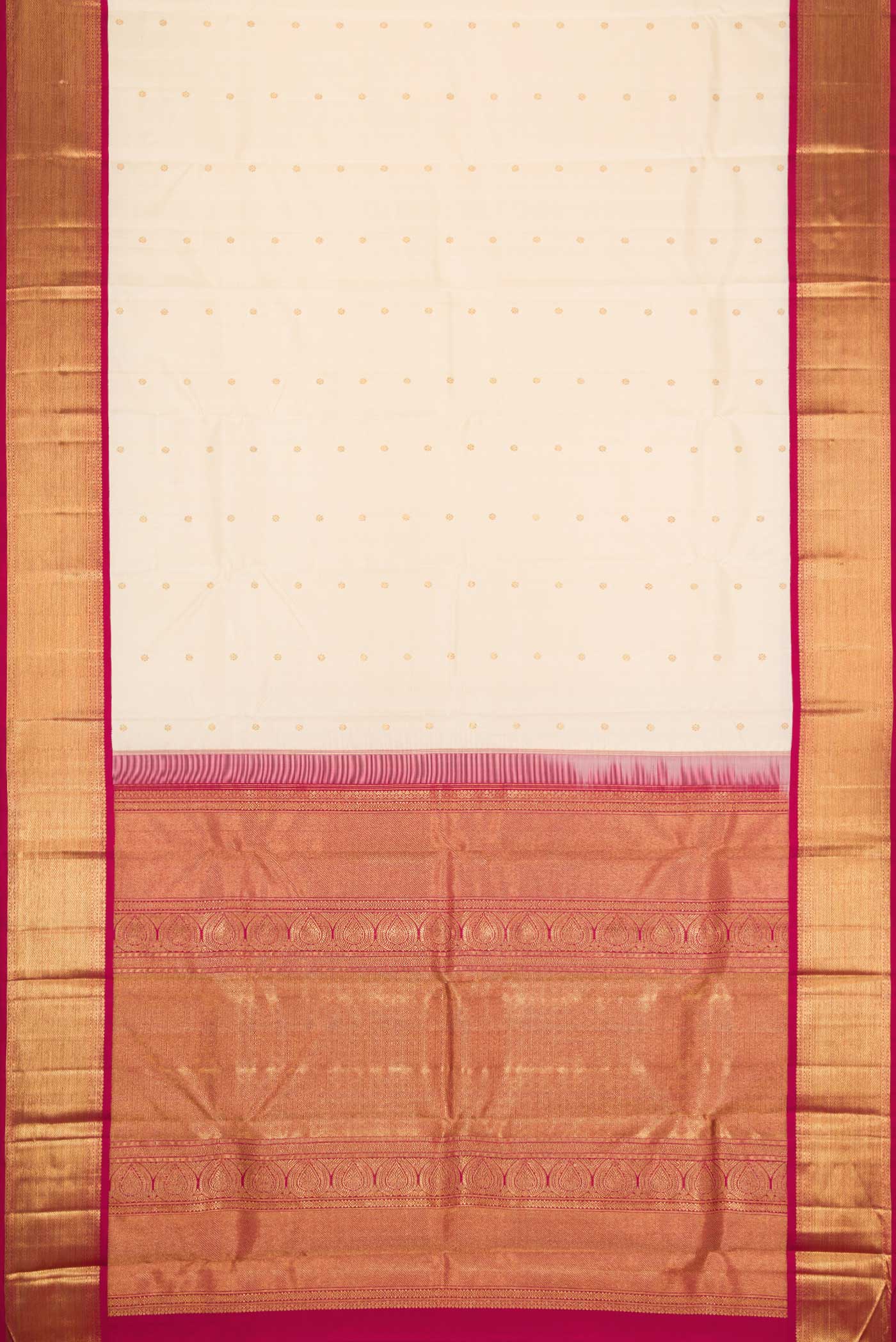 Flat view of Pure Silk Pure Zari Sandal Dual Tone Kanchipuram Saree with Zari Butta on the body and Zari Border