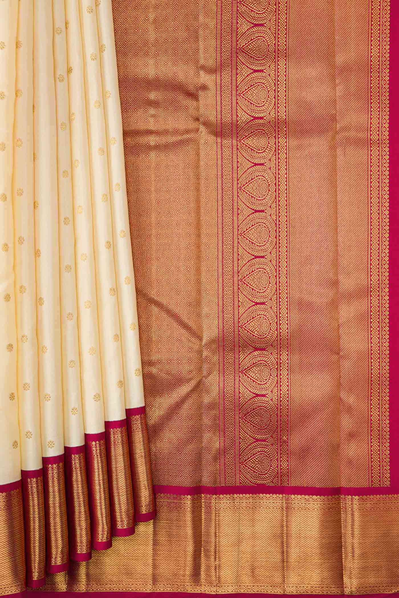 Pleats and pallu of Pure Silk Pure Zari Sandal Dual Tone Kanchipuram Saree with Zari Butta on the body and Zari Border