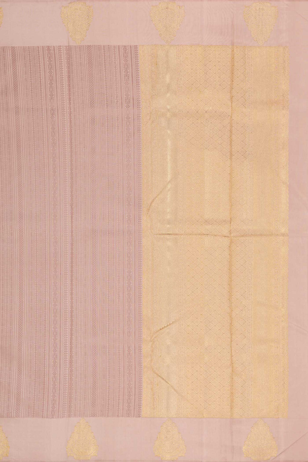 Close up image of the pallu of Pure Silk Pure Zari Rose Gold Dual Tone Kanchipuram Saree with Jacquard design on the body and Zari Border. 