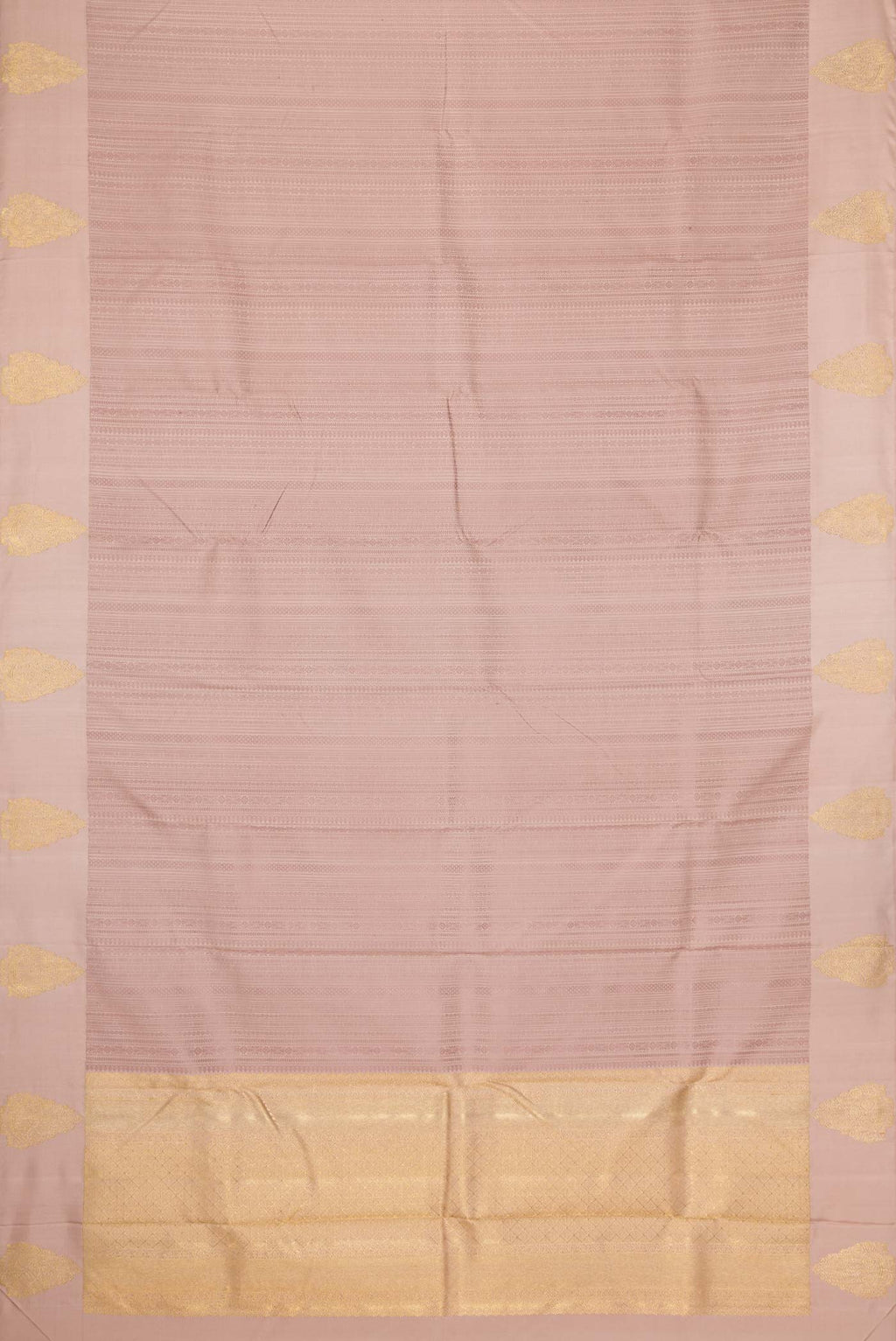 Flat view of Pure Silk Pure Zari Rose Gold Dual Tone Kanchipuram Saree with Jacquard design on the body and Zari Border. 