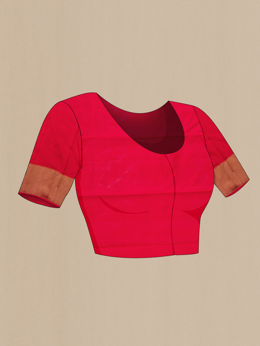 Close up image of the blouse of Pure Silk Pure Zari Red Dual Tone Kanchipuram Saree with Zari Brocade on the body and Zari Border