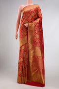 Pure Silk Pure Zari Red Dual Tone Kanchipuram Saree with Zari Brocade on the body and Zari Border displayed on a mannequin