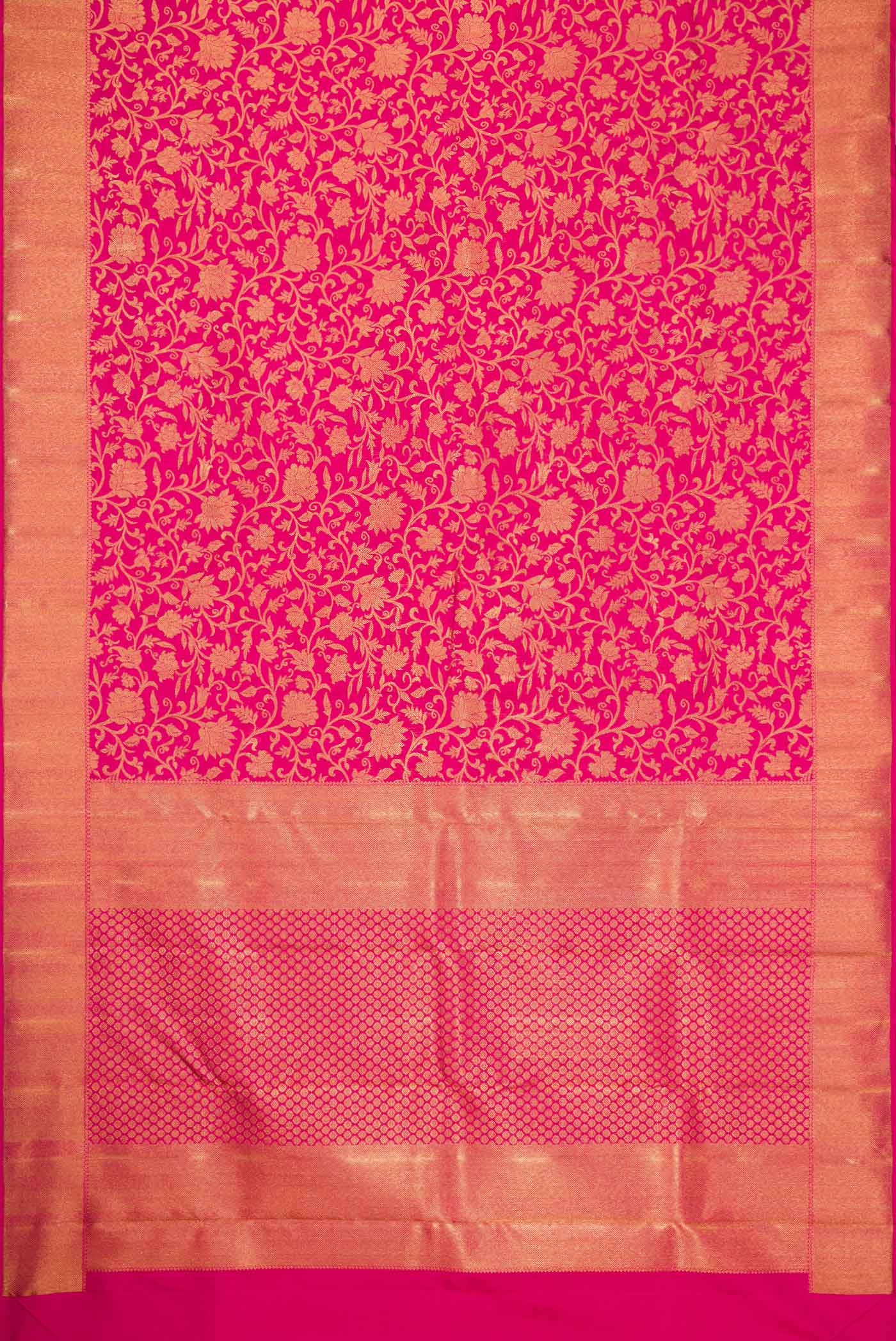 Flat view of Pure Silk Pure Zari Pink Dual Tone Kanchipuram Saree with Zari Brocade on the body and Zari Border