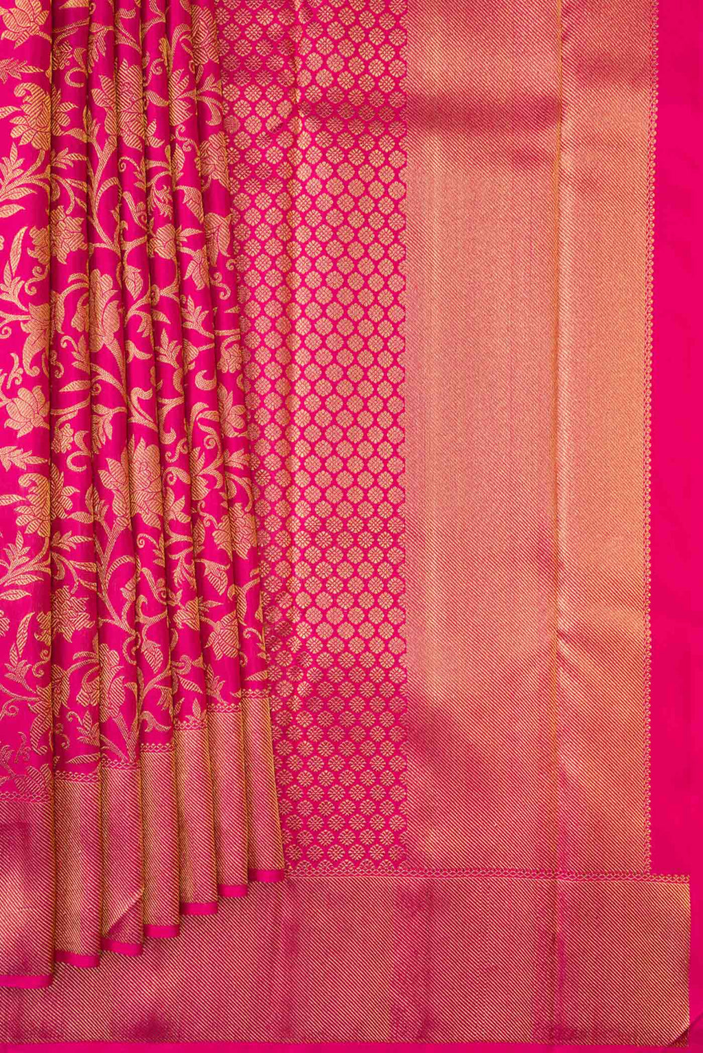 Pleats and pallu of Pure Silk Pure Zari Pink Dual Tone Kanchipuram Saree with Zari Brocade on the body and Zari Border