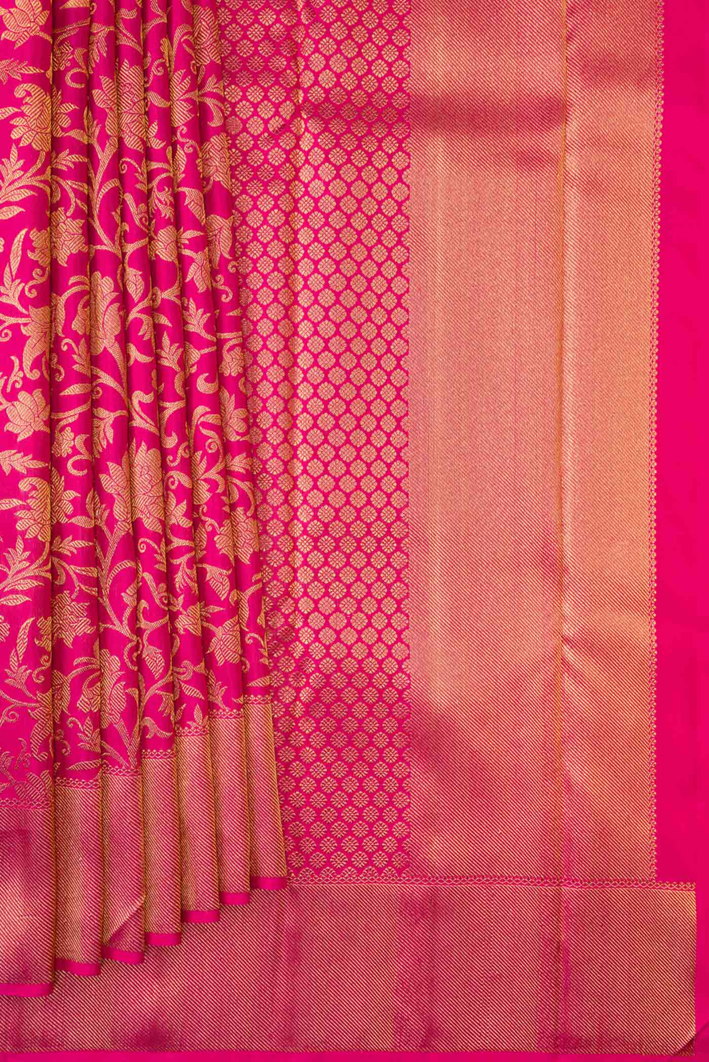 Pleats and pallu of Pure Silk Pure Zari Pink Dual Tone Kanchipuram Saree with Zari Brocade on the body and Zari Border