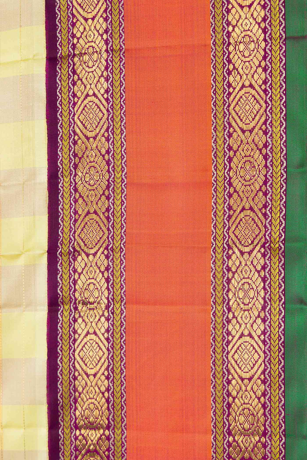 Border image of Pure Silk Pure Zari Lemon Yellow and Mustard Color Kanchipuram Saree with Checked design on the body and Zari Border