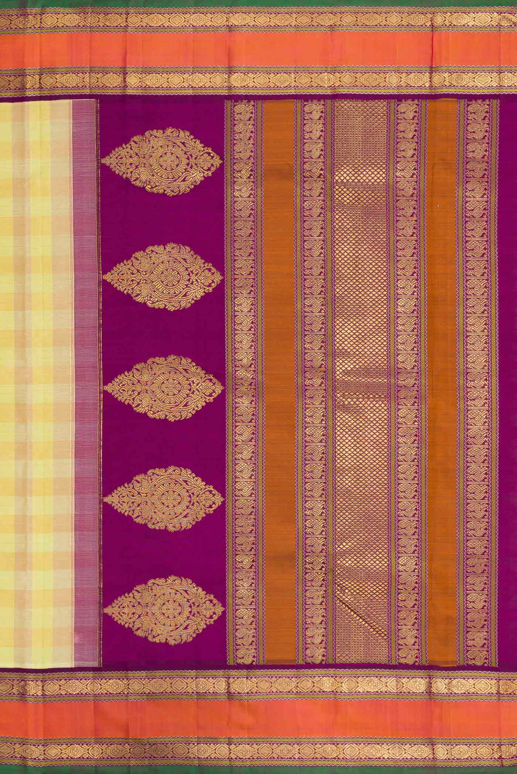 Close up image of the pallu of Pure Silk Pure Zari Lemon Yellow and Mustard Color Kanchipuram Saree with Checked design on the body and Zari Border