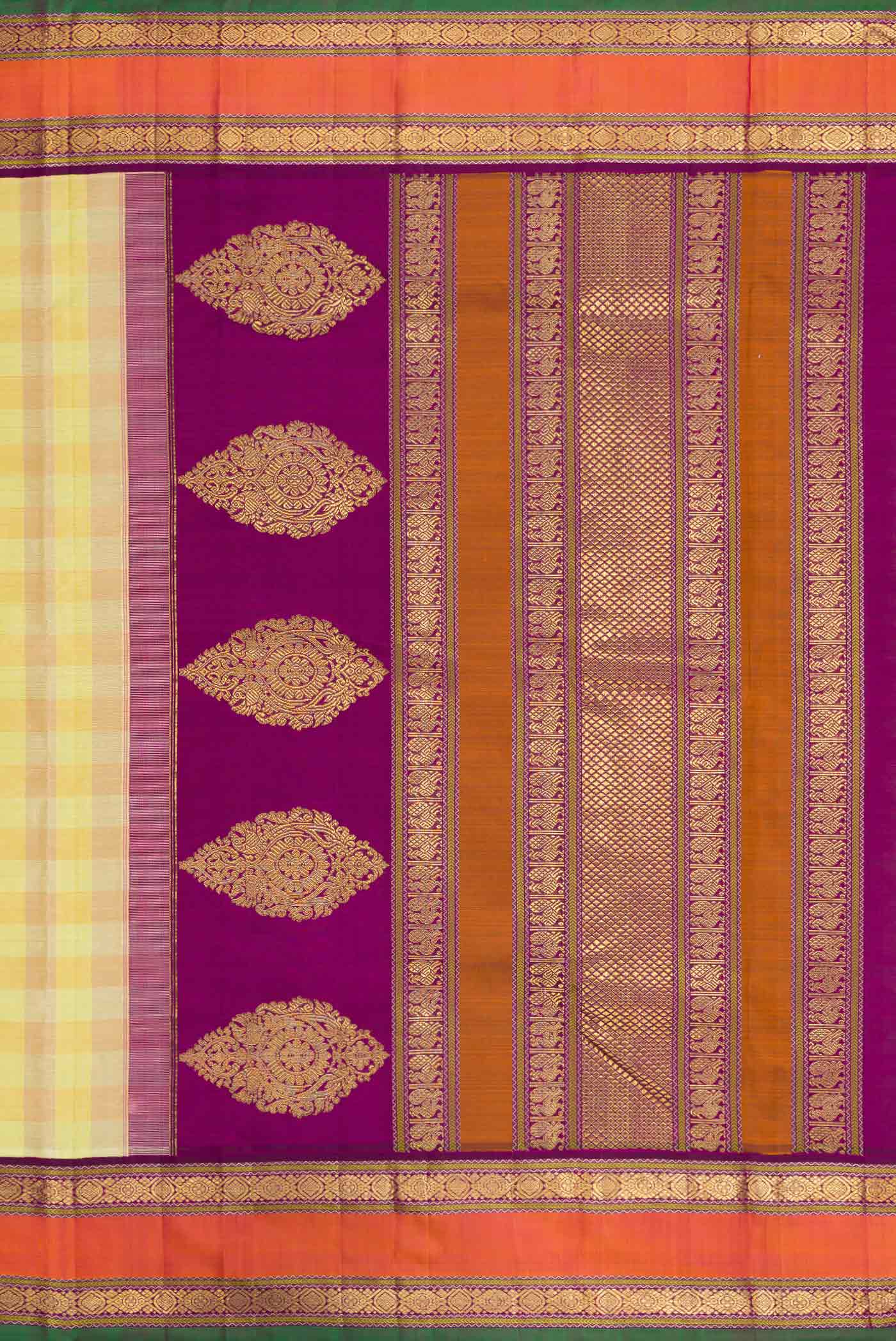 Close up image of the pallu of Pure Silk Pure Zari Lemon Yellow and Mustard Color Kanchipuram Saree with Checked design on the body and Zari Border