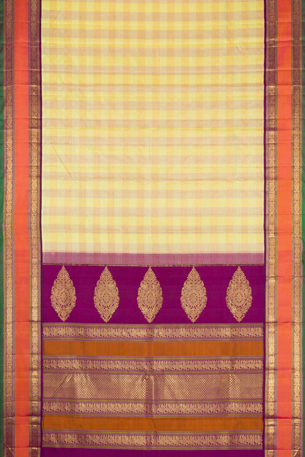 Flat view of Pure Silk Pure Zari Lemon Yellow and Mustard Color Kanchipuram Saree with Checked design on the body and Zari Border