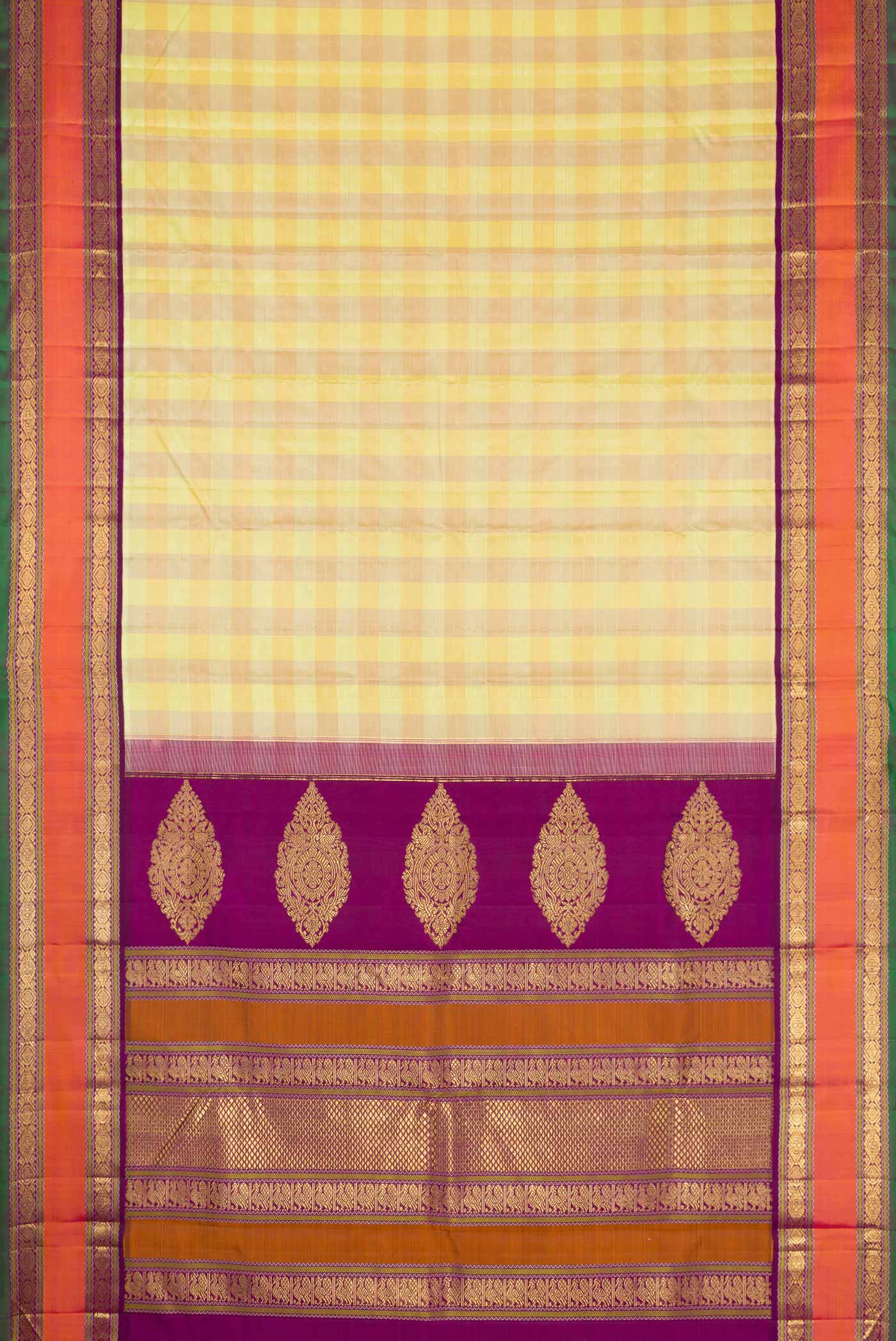 Flat view of Pure Silk Pure Zari Lemon Yellow and Mustard Color Kanchipuram Saree with Checked design on the body and Zari Border