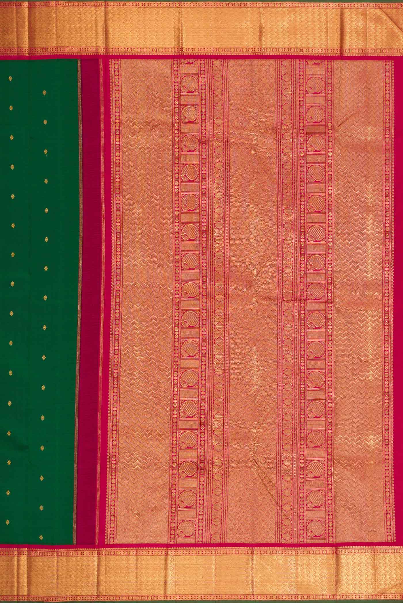 Close up image of the pallu of Pure Silk Pure Zari Bottle Green Dual Tone Kanchipuram Saree with Zari Butta on the body and Zari Border