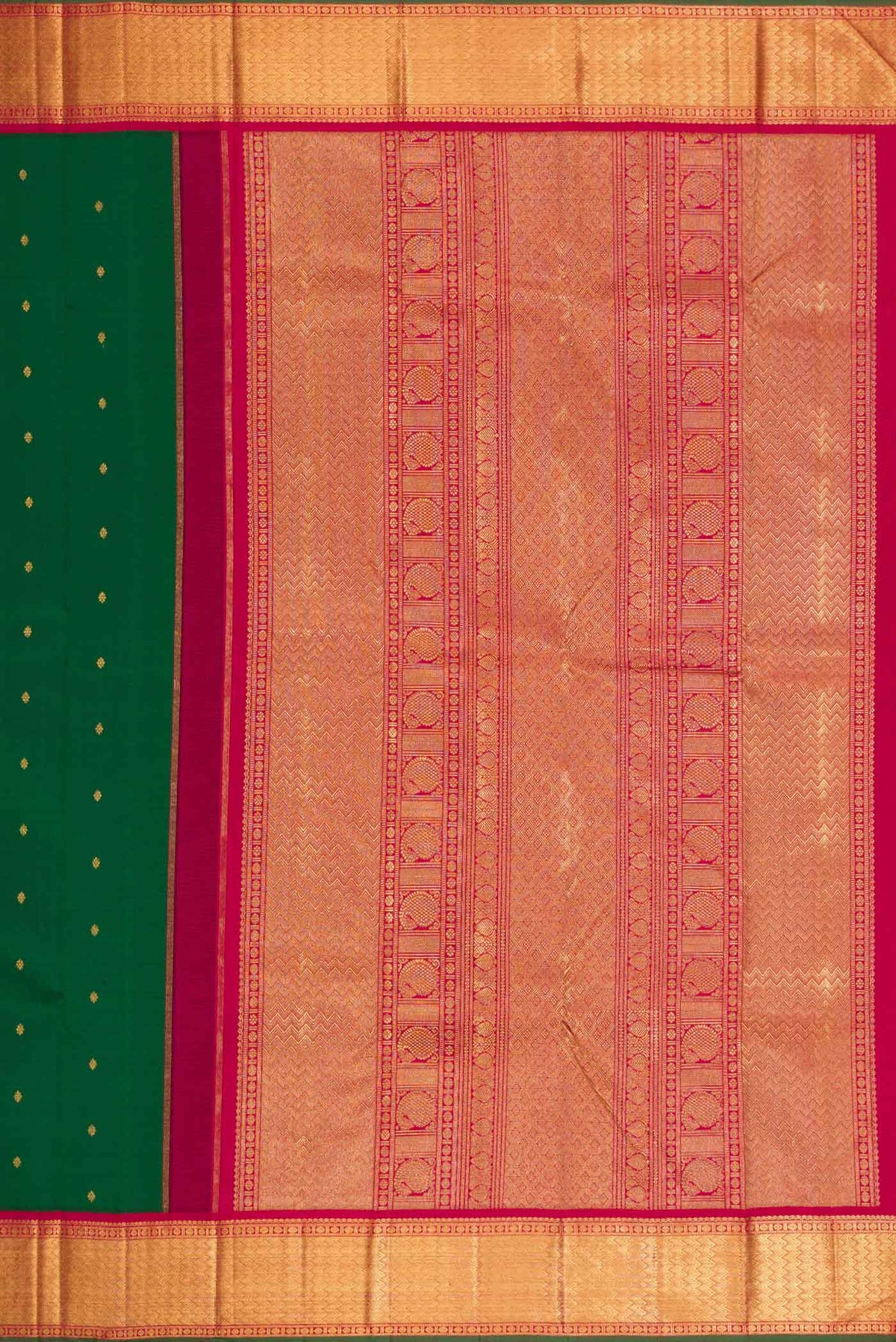 Close up image of the pallu of Pure Silk Pure Zari Bottle Green Dual Tone Kanchipuram Saree with Zari Butta on the body and Zari Border