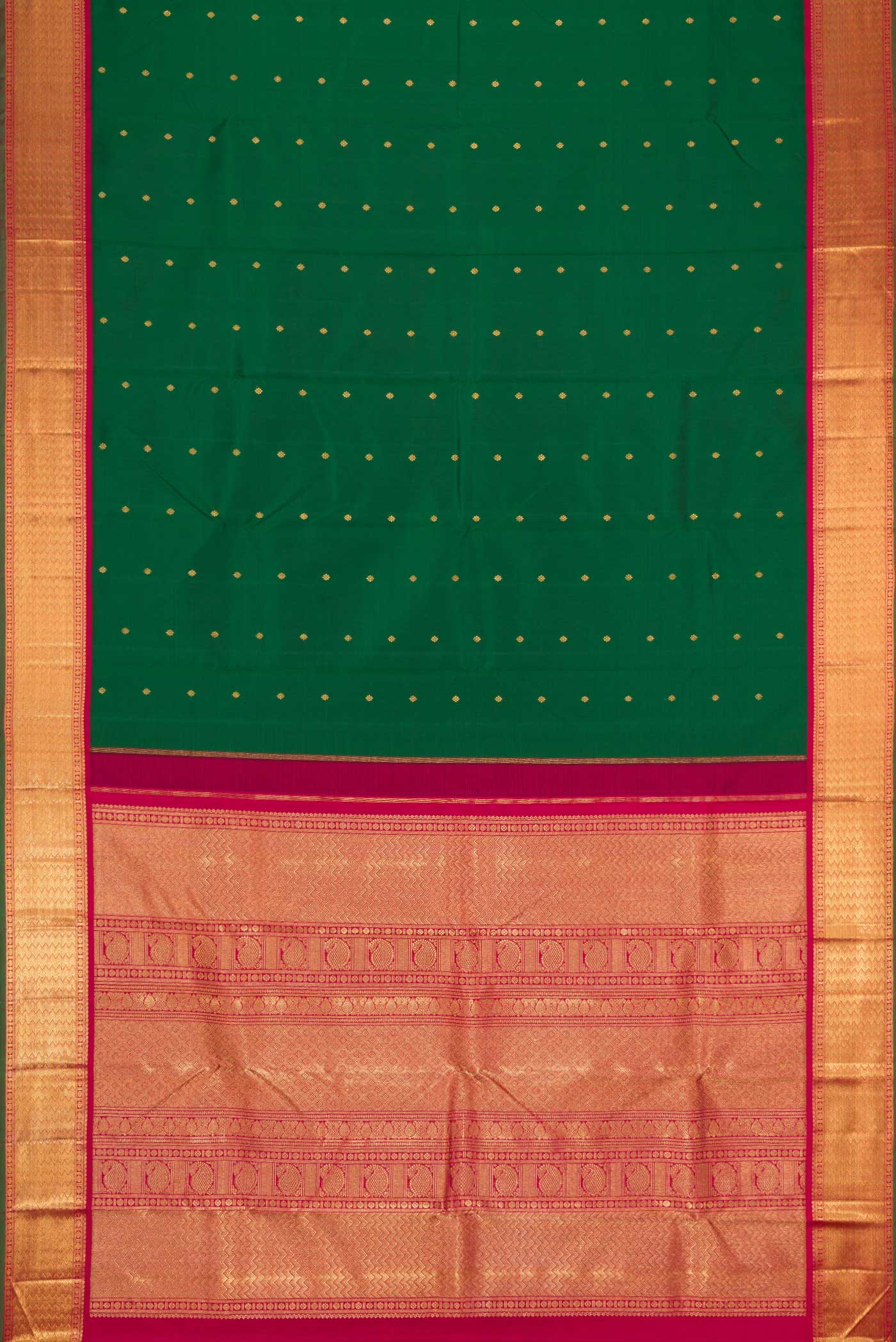 Flat view of Pure Silk Pure Zari Bottle Green Dual Tone Kanchipuram Saree with Zari Butta on the body and Zari Border