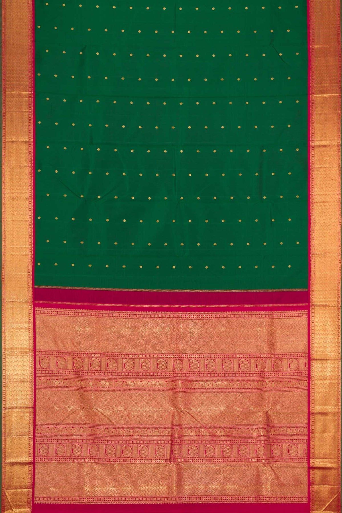 Flat view of Pure Silk Pure Zari Bottle Green Dual Tone Kanchipuram Saree with Zari Butta on the body and Zari Border