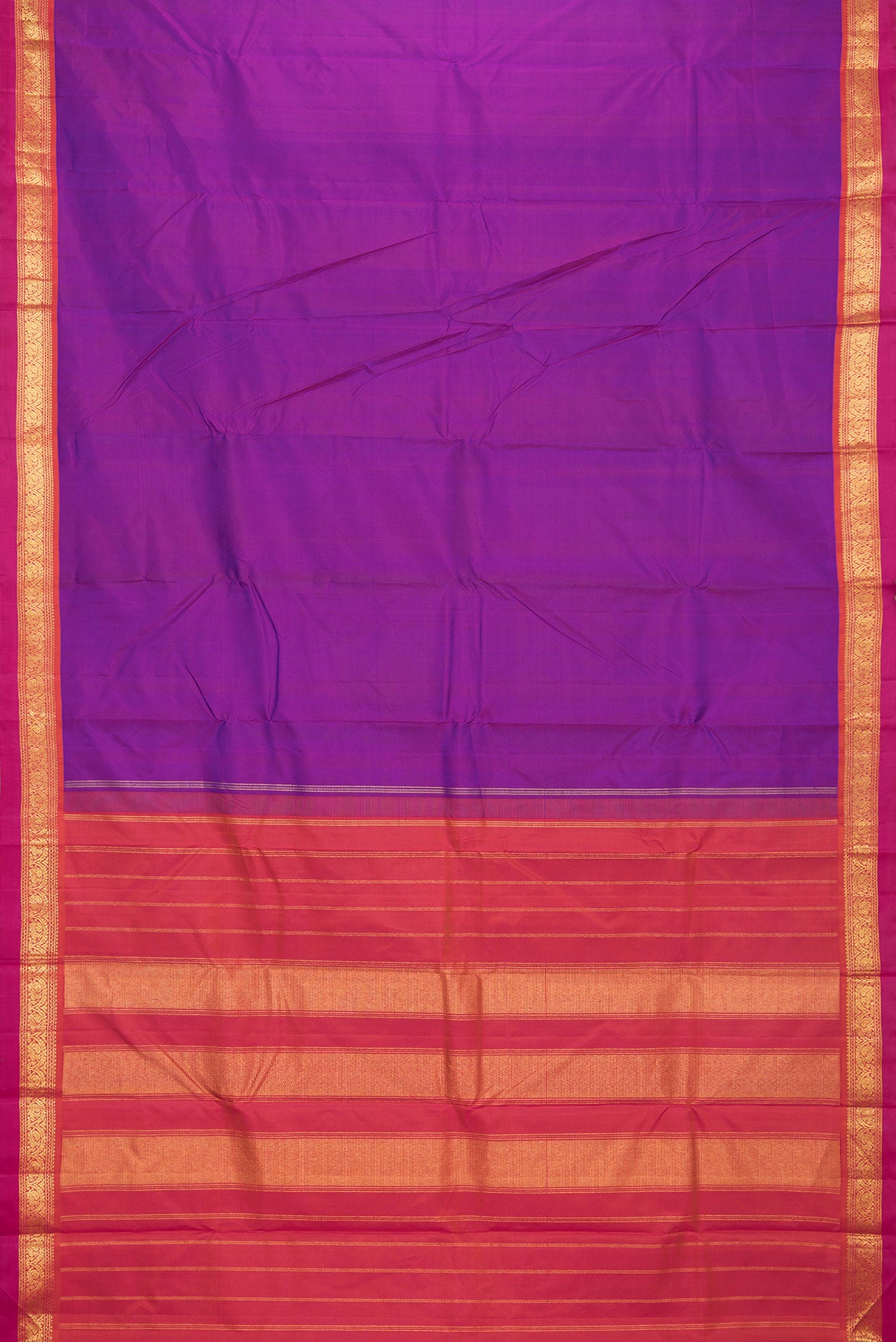 Flat view of Purple Dual Tone Kanchipuram Silk Saree with Plain Body and Zari Border. 