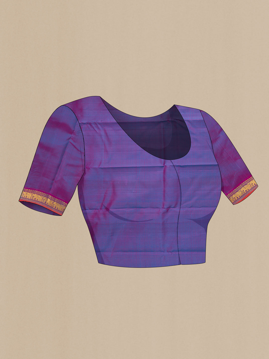 Close up image of the blouse of Pure Silk Pure Zari Green Dual Tone Kanchipuram Saree with Plain Body and Zari Border. 