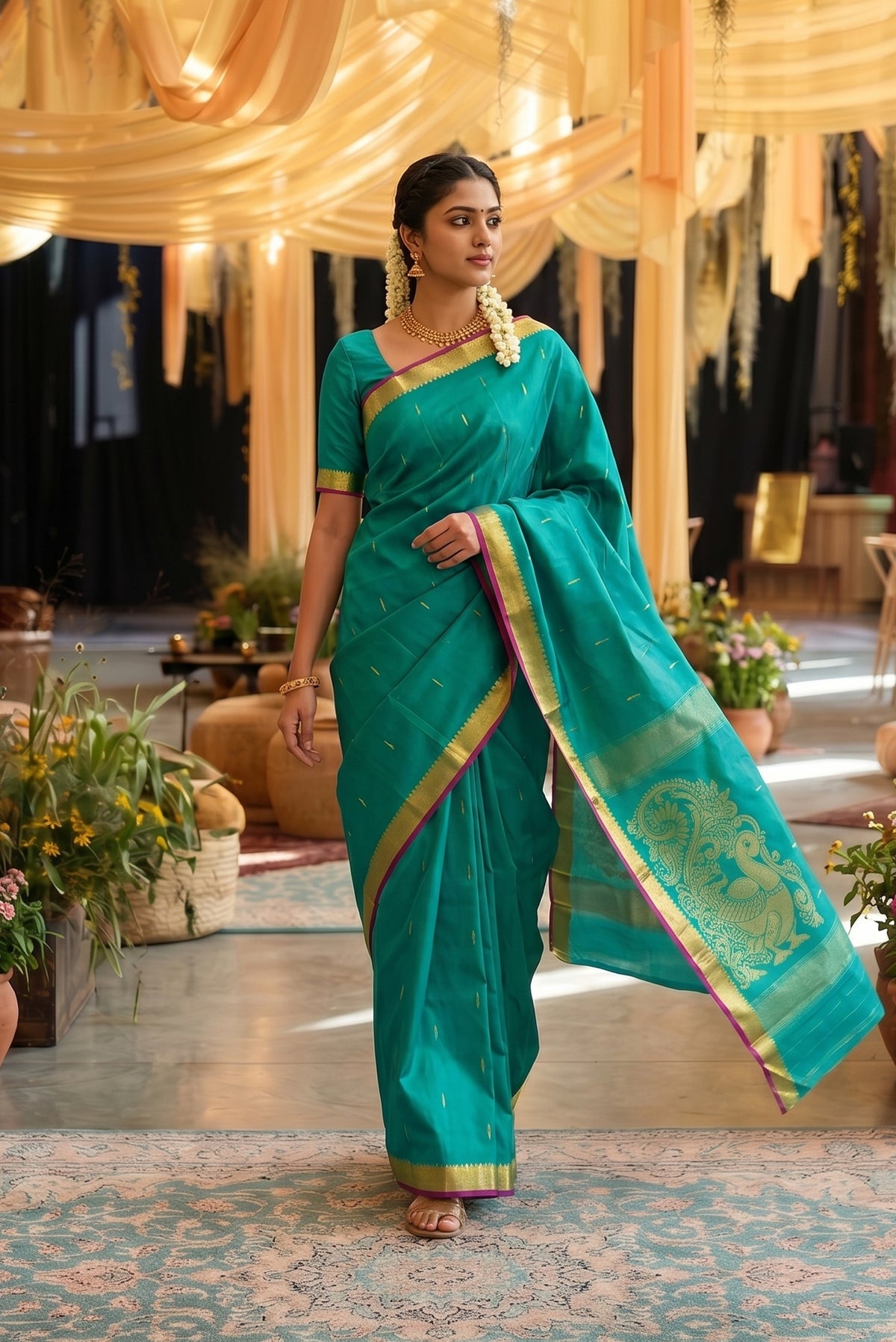 Model wearing a Blue with Green Color Kanchipuram Silk Saree with Zari Butta on the body and Zari Border.
