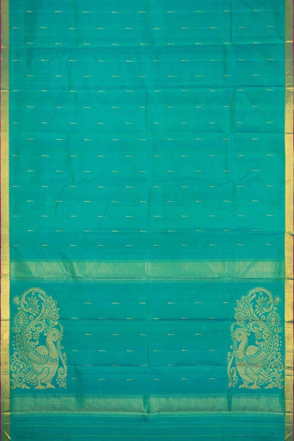 Flat view of Green Dual Tone Kanchipuram Silk Saree with Zari Butta on the body and Zari Border. 