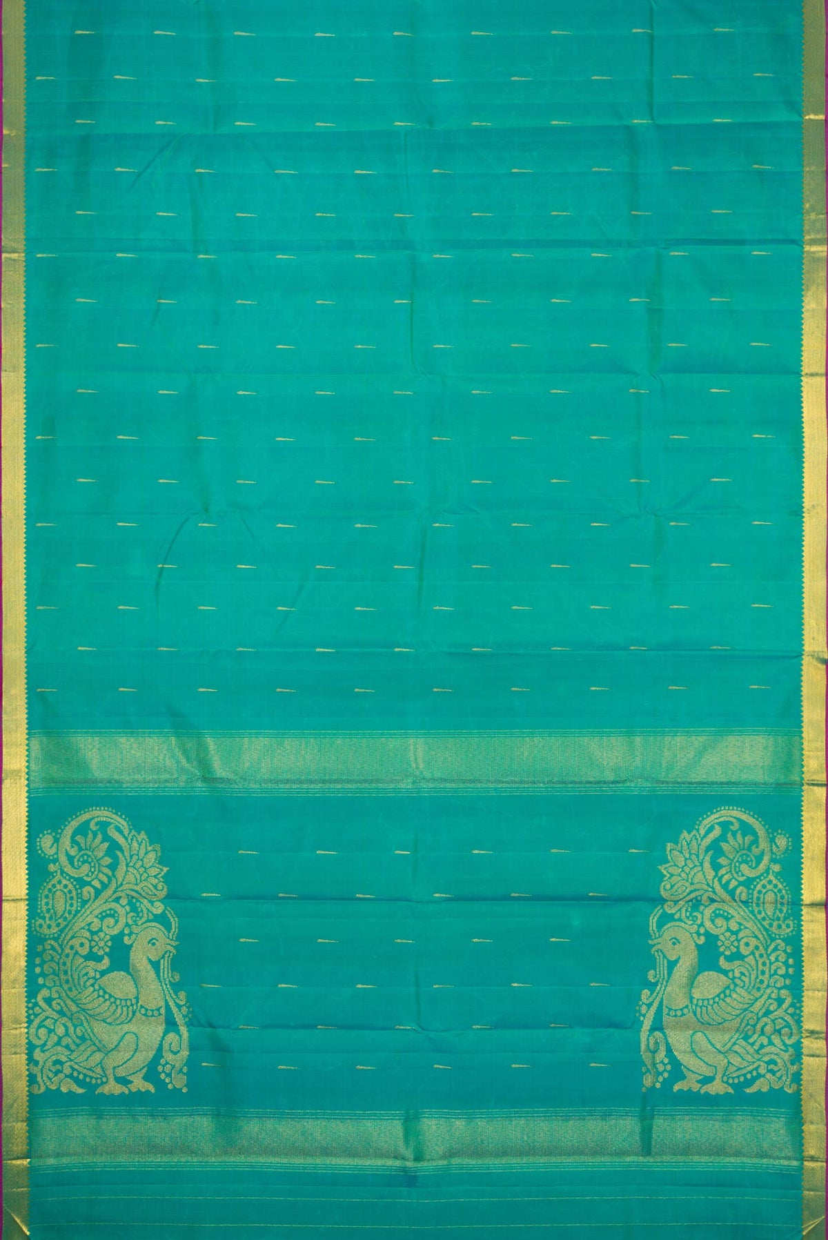 Flat view of Green Dual Tone Kanchipuram Silk Saree with Zari Butta on the body and Zari Border. 
