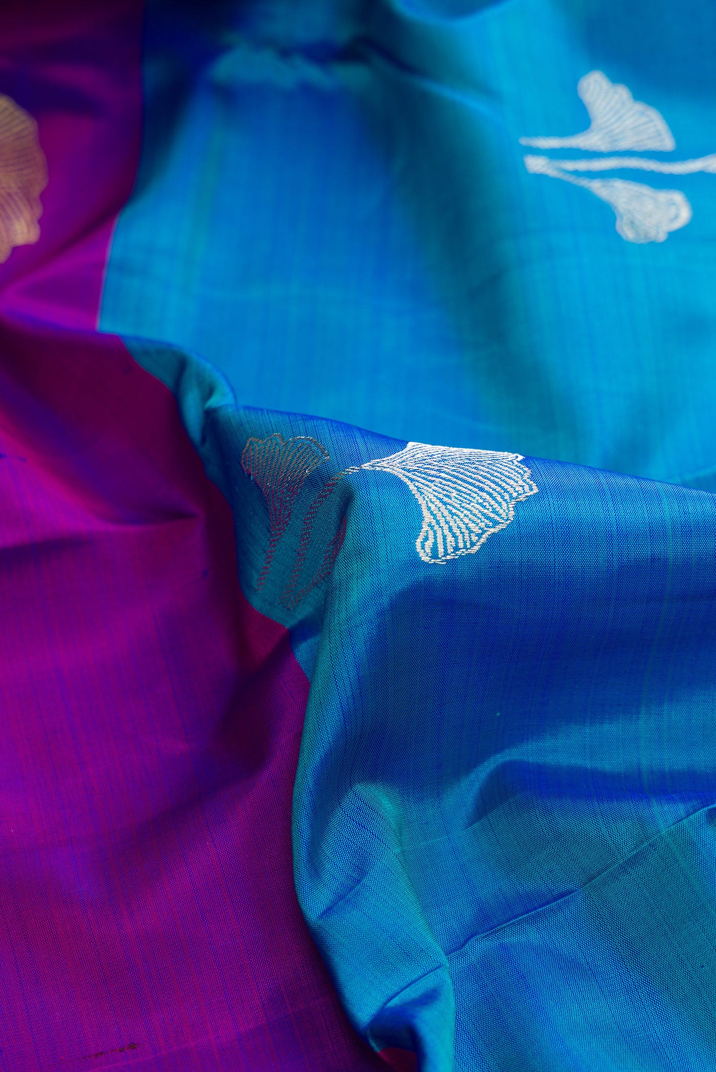 Close up of Peacock Blue and Purple Color Kanchipuram Silk Saree with Half And Half on the body and Without Border.  displaying folds