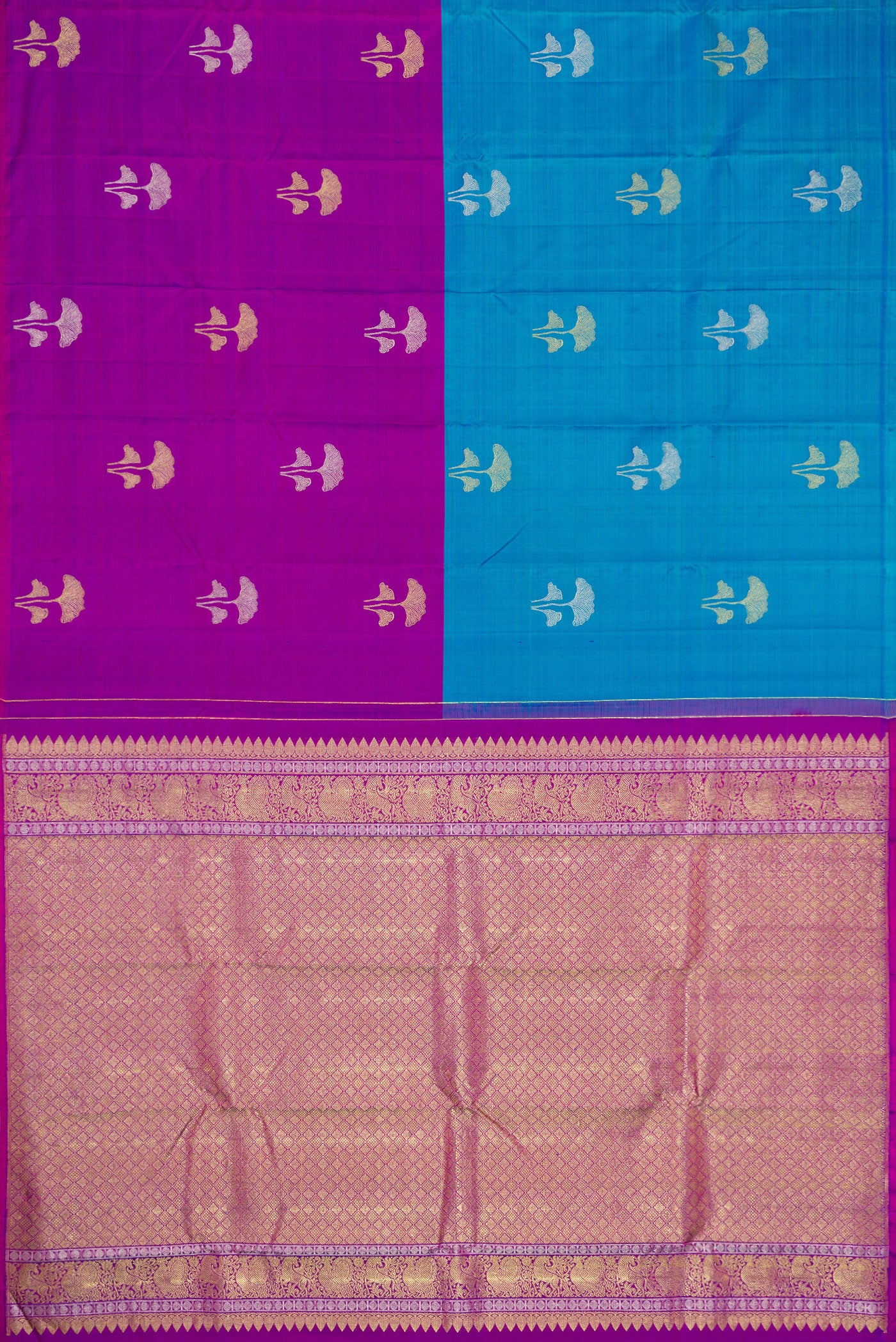 Flat view of Peacock Blue and Purple Color Kanchipuram Silk Saree with Half And Half on the body and Without Border. 