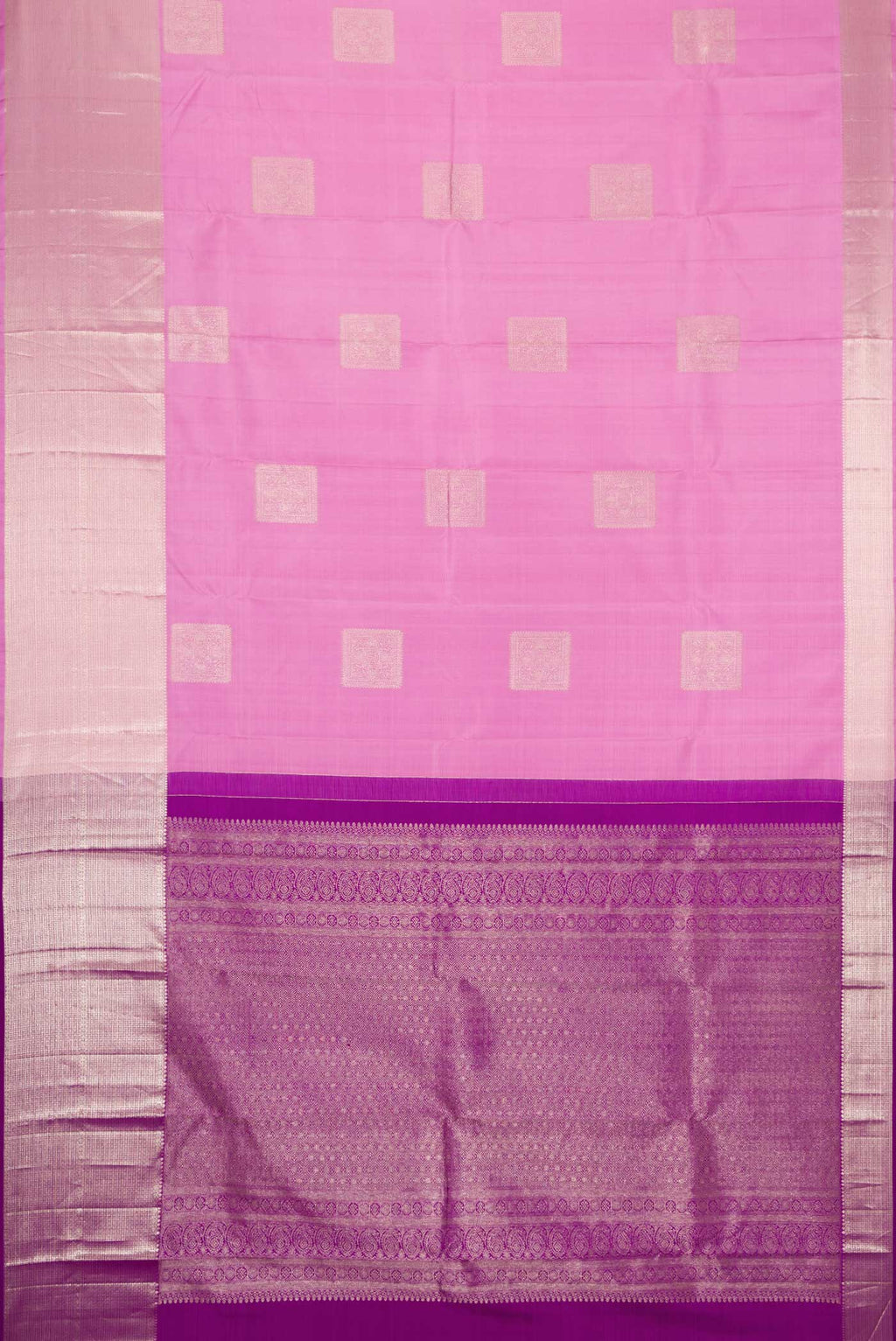 Flat view of Pink Dual Tone Kanjivaram Silk Saree with Zari Butta on the body and Fancy Border. 