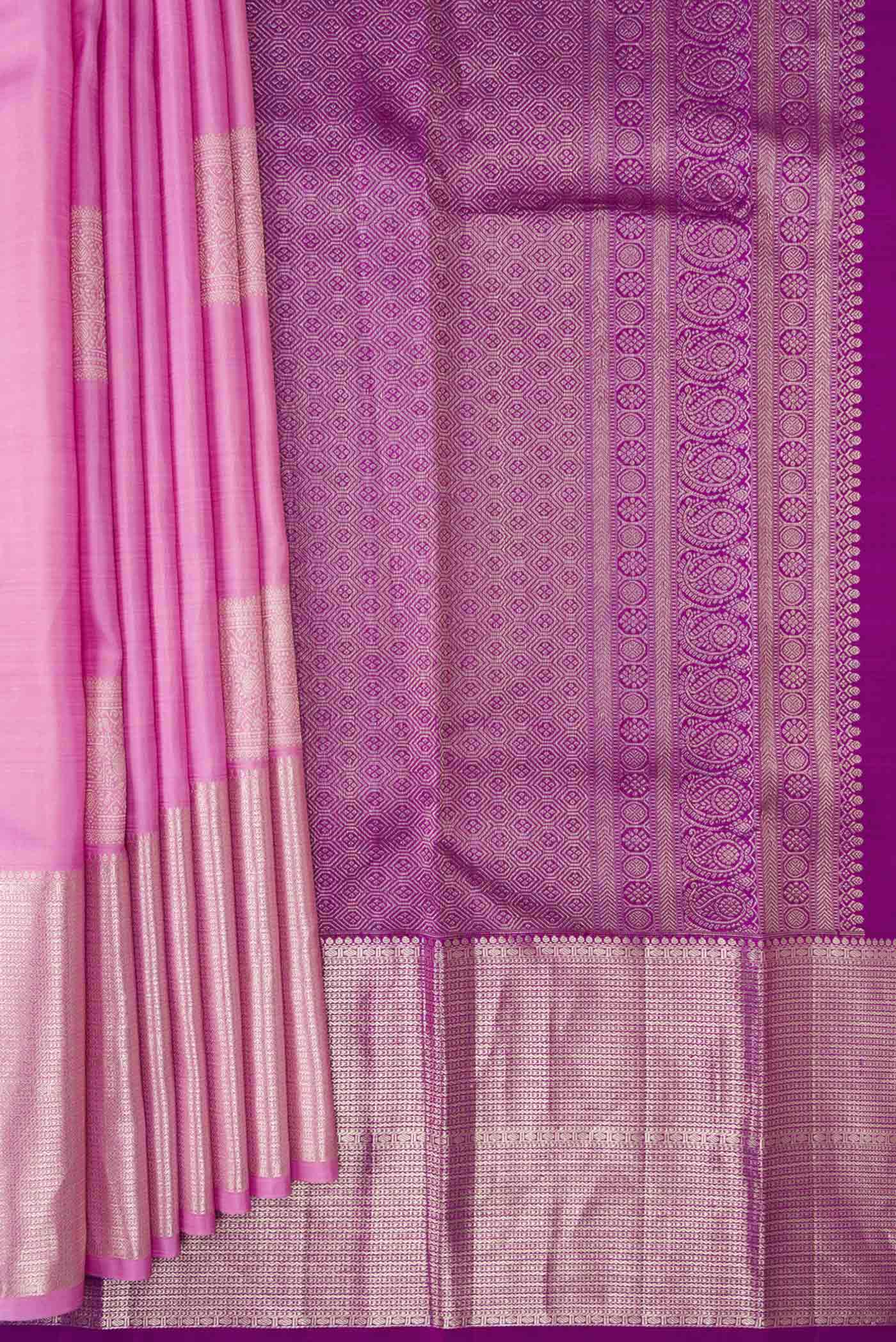 Pleats and pallu of Pink Dual Tone Kanjivaram Silk Saree with Zari Butta on the body and Fancy Border. 