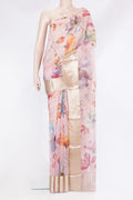 Rose pink Organza Silk Saree with Floral Print on the body and Zari Border.  displayed on a mannequin