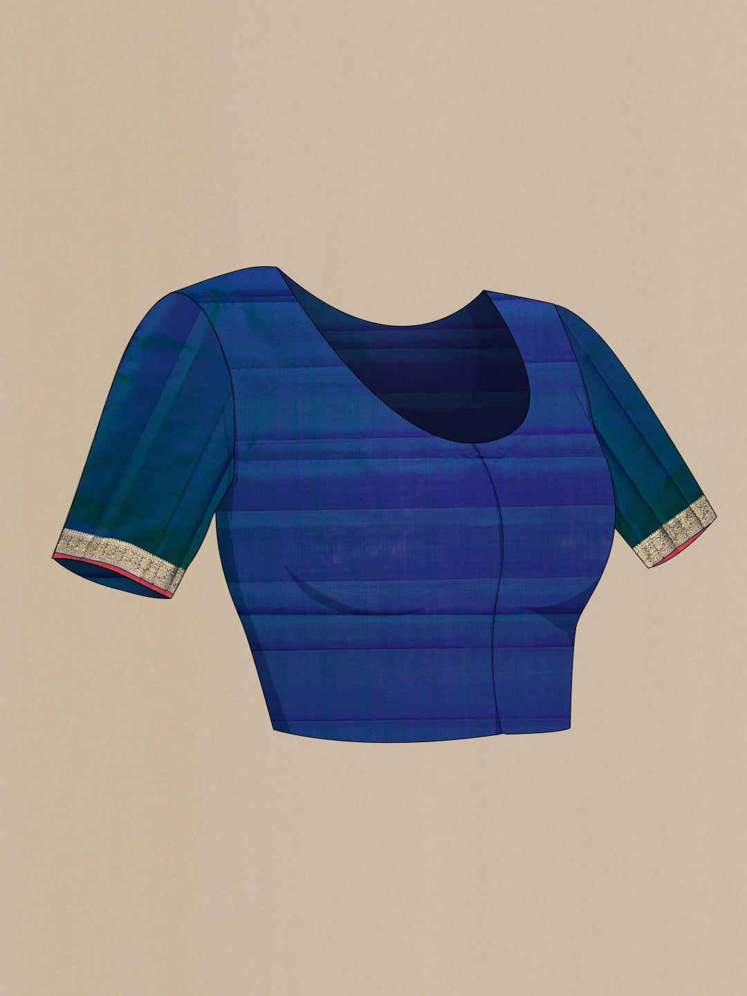 Close up image of the blouse of Peacock Blue Dual Tone Kanchipuram Silk Saree with Zari Butta on the body and Zari Border. 