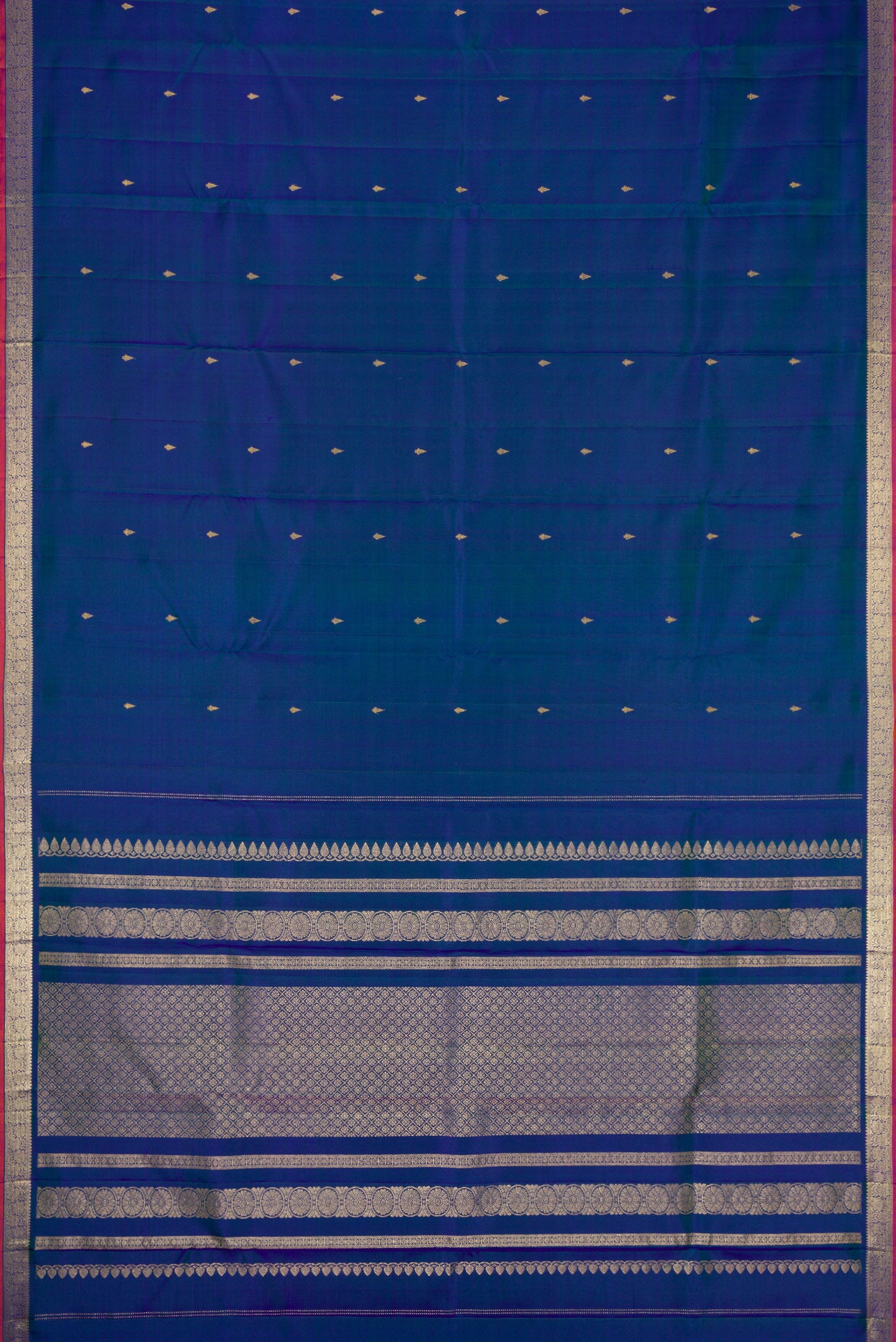Flat view of Peacock Blue Dual Tone Kanchipuram Silk Saree with Zari Butta on the body and Zari Border. 