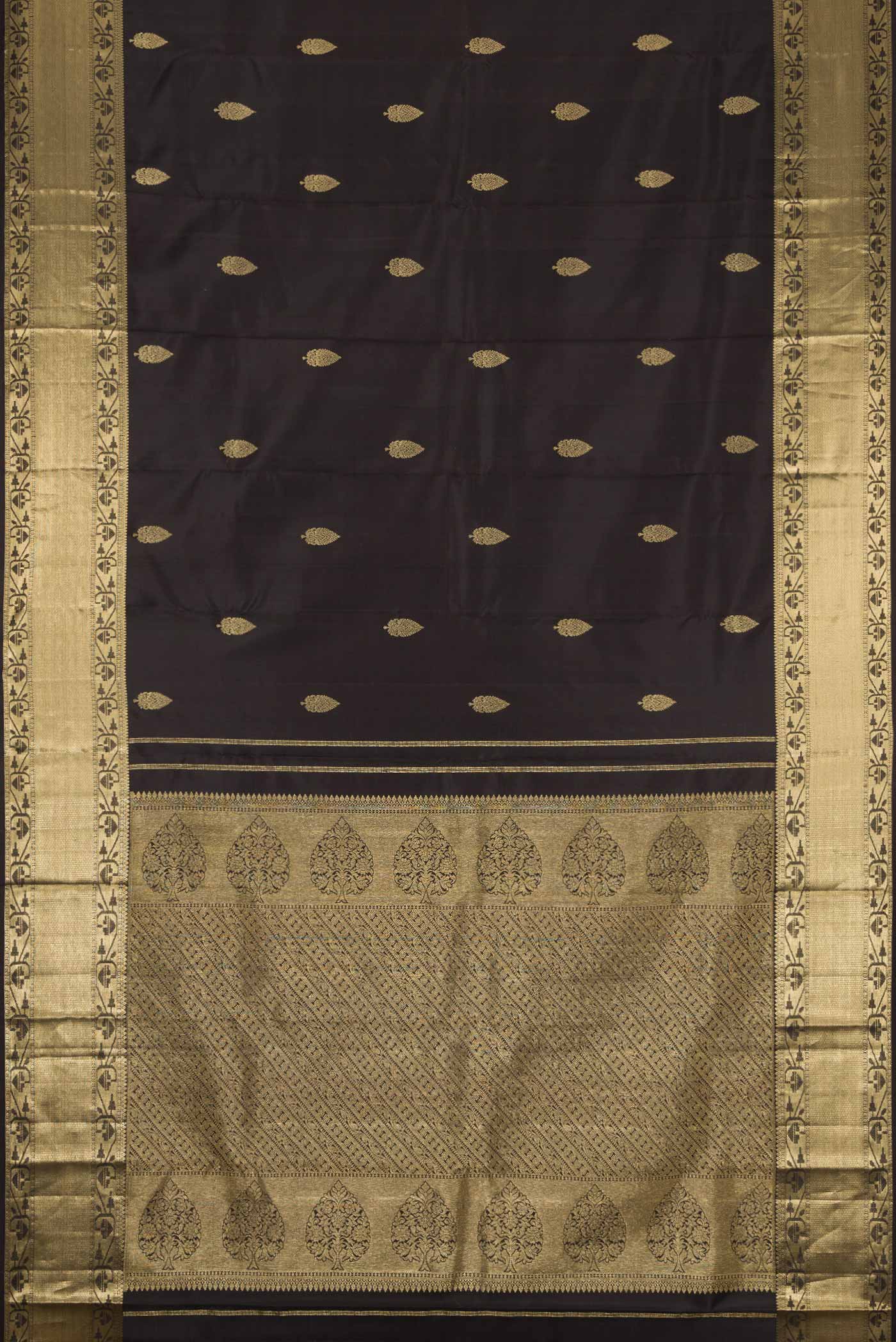 Flat view of Black Dual Tone Kanchipuram Silk Saree with Zari Butta on the body and Zari Border. 