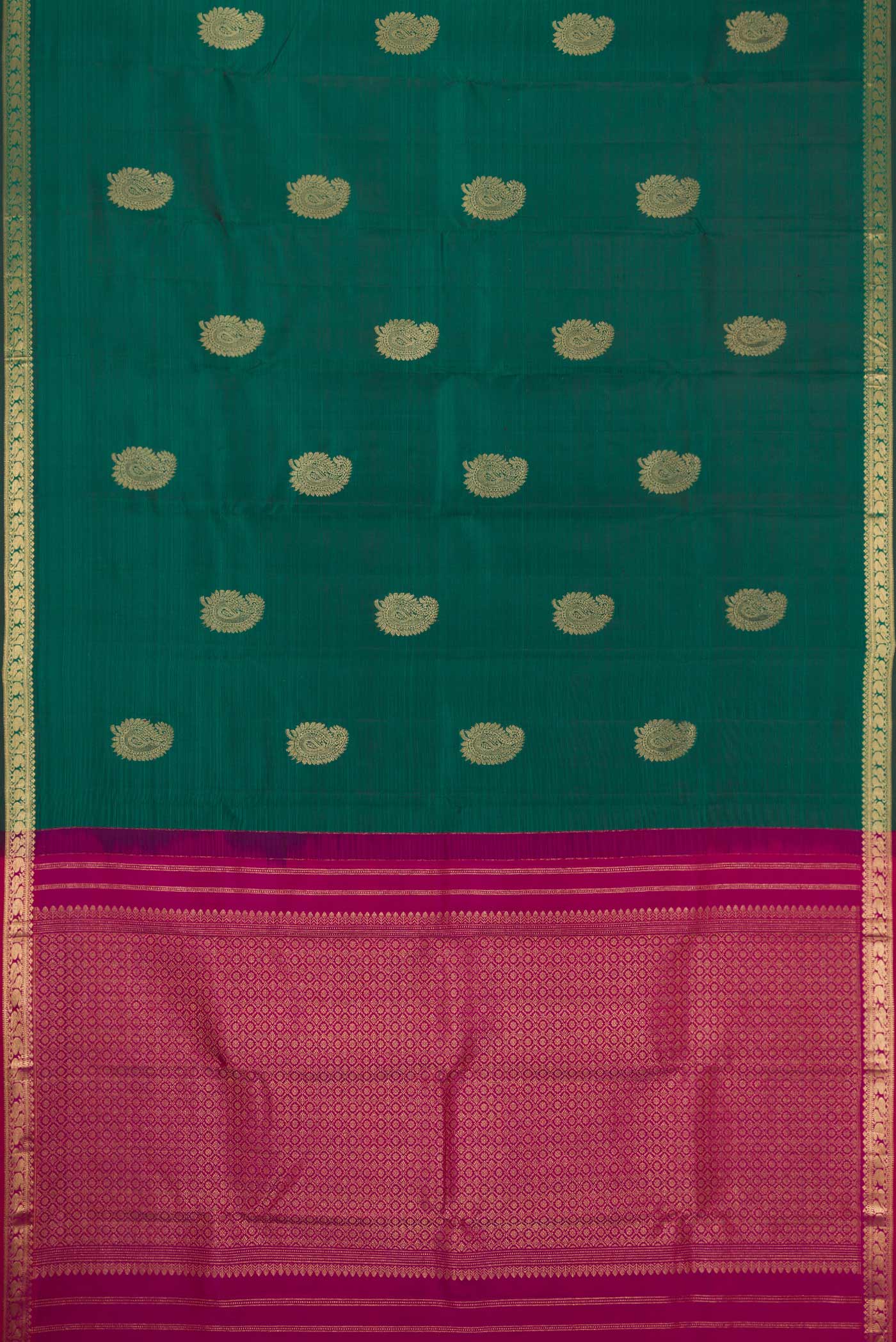 Flat view of Bottle Green Dual Tone Kanchipuram Silk Saree with Zari Butta on the body and Zari Border. 