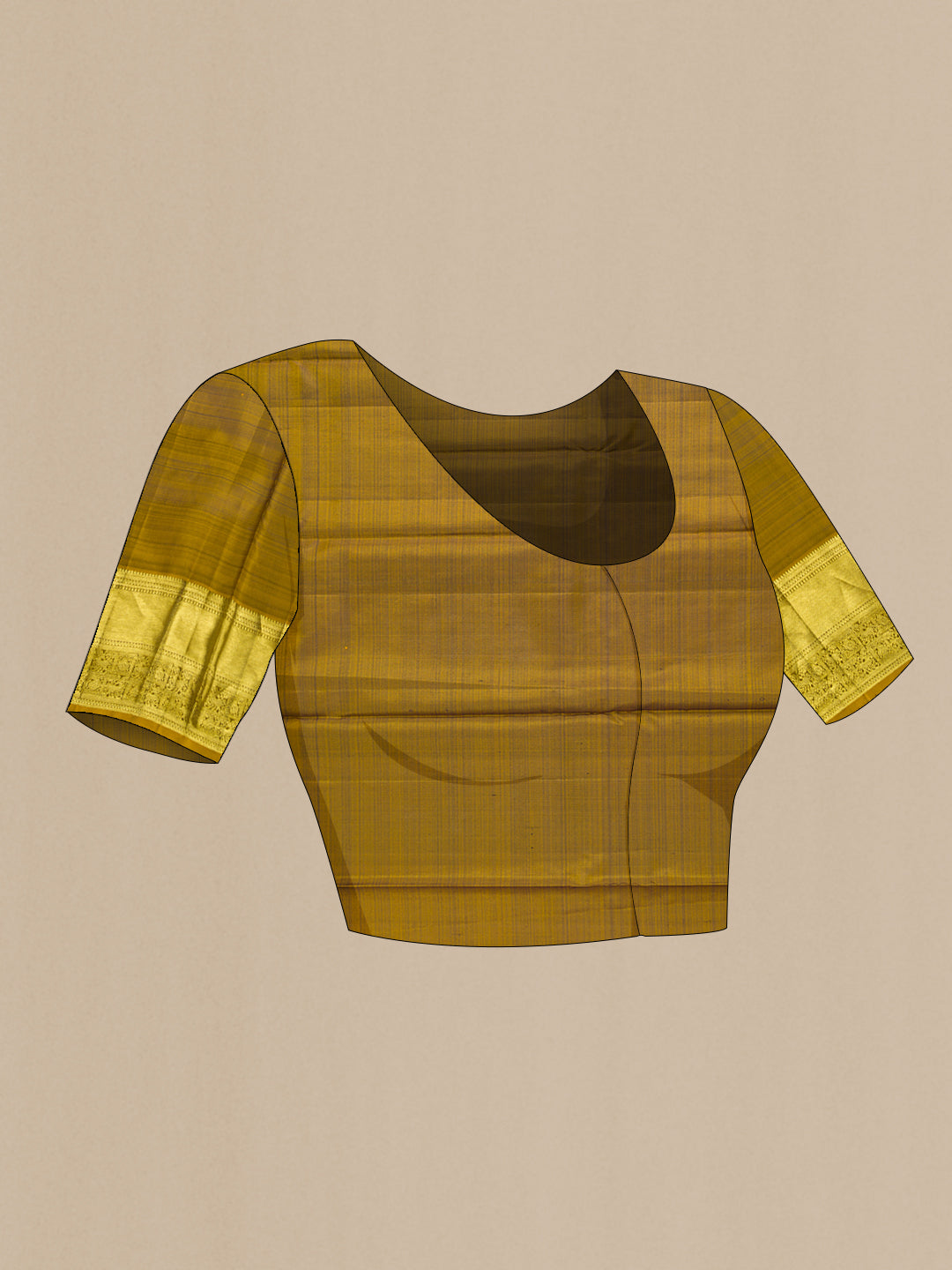 Close up image of the blouse of Mehandi Green Dual Tone Kanchipuram Silk Saree with Zari Butta on the body and Zari Border. 