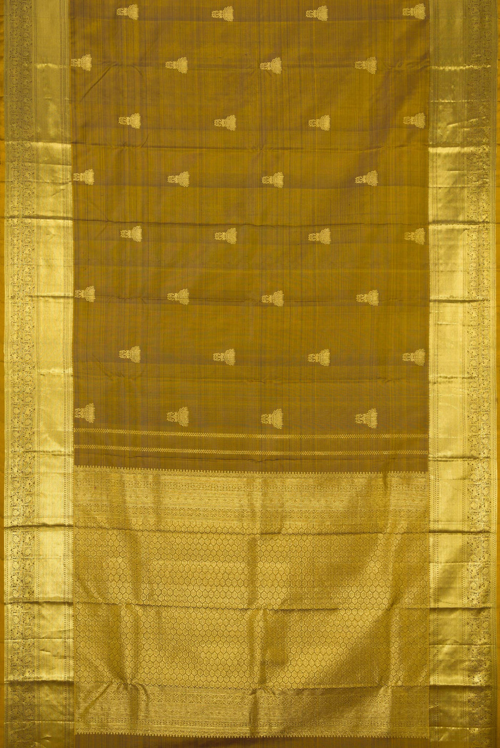 Flat view of Mehandi Green Dual Tone Kanchipuram Silk Saree with Zari Butta on the body and Zari Border. 