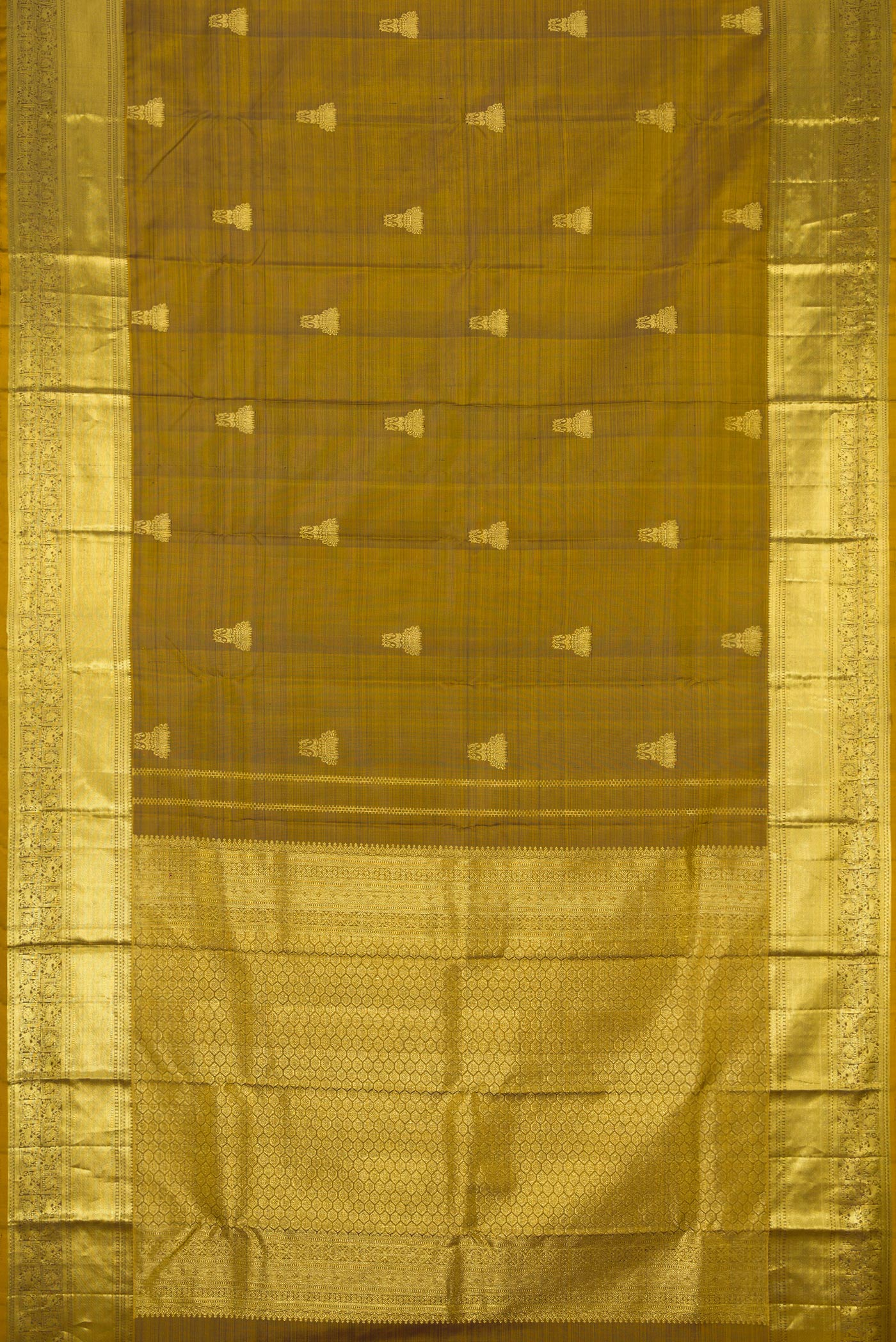 Flat view of Mehandi Green Dual Tone Kanchipuram Silk Saree with Zari Butta on the body and Zari Border. 