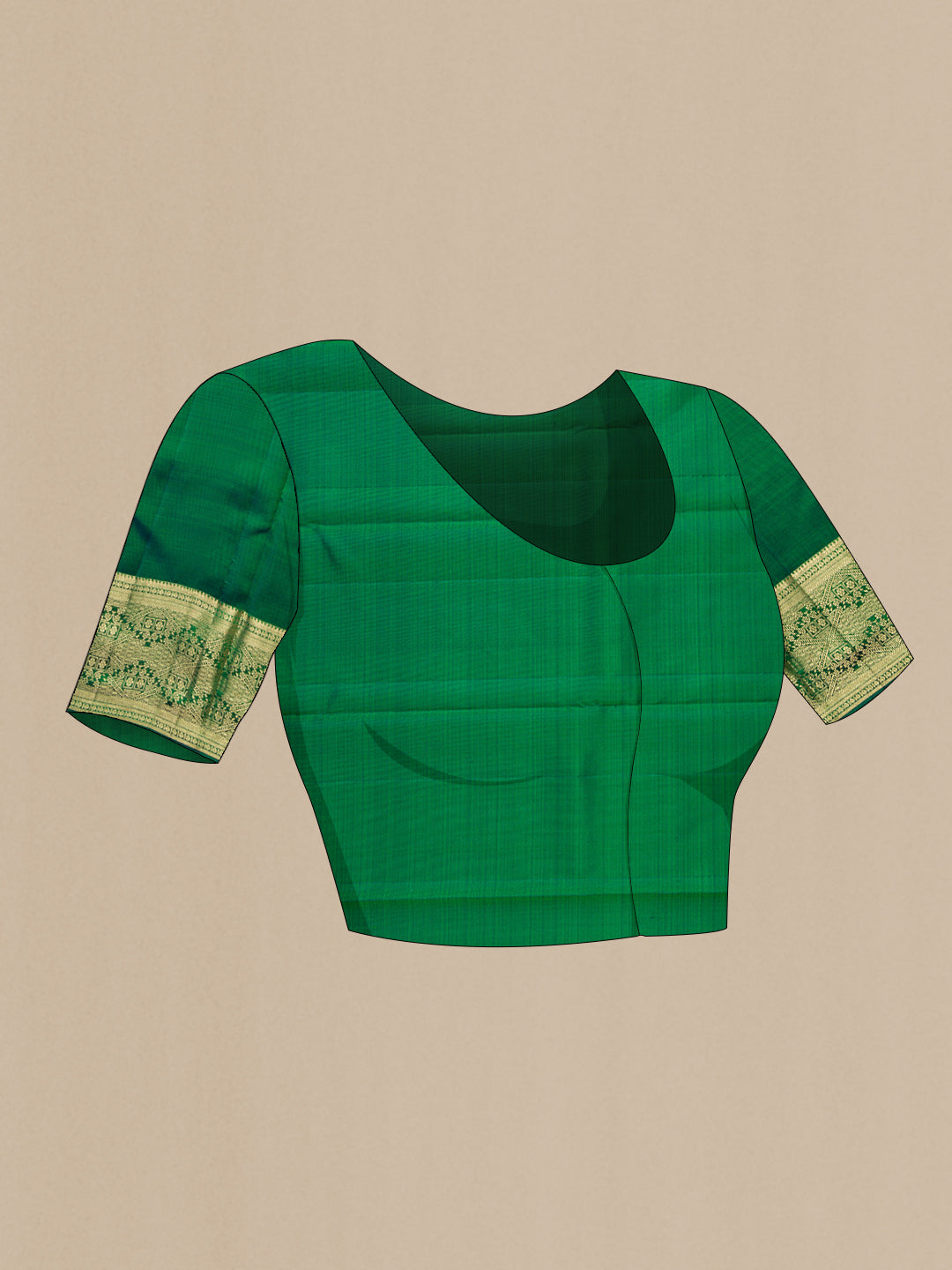 Close up image of the blouse of Green Dual Tone Kanchipuram Silk Saree with Zari Butta on the body and Zari Border. 