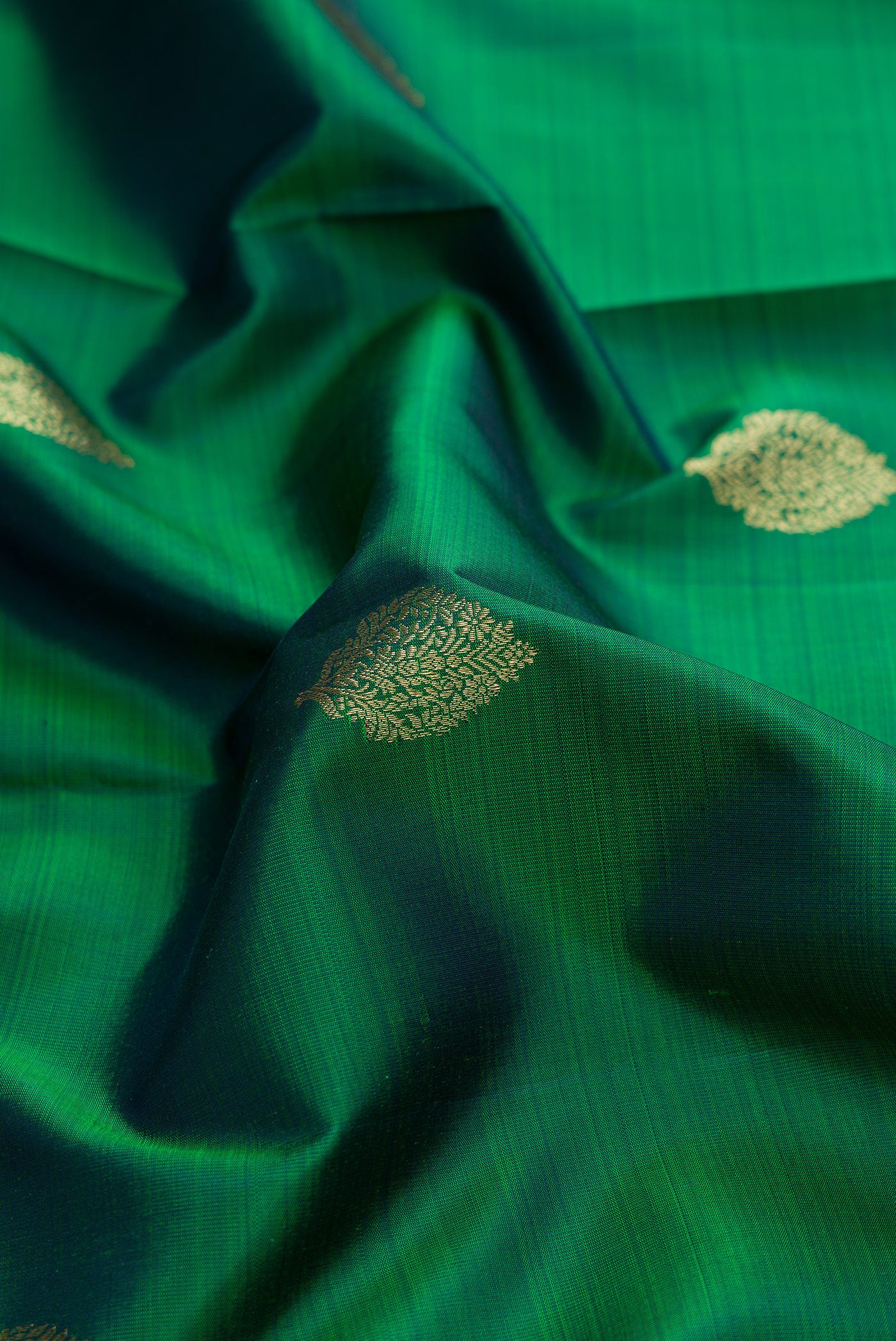 Close up of Green Dual Tone Kanchipuram Silk Saree with Zari Butta on the body and Zari Border.  displaying folds