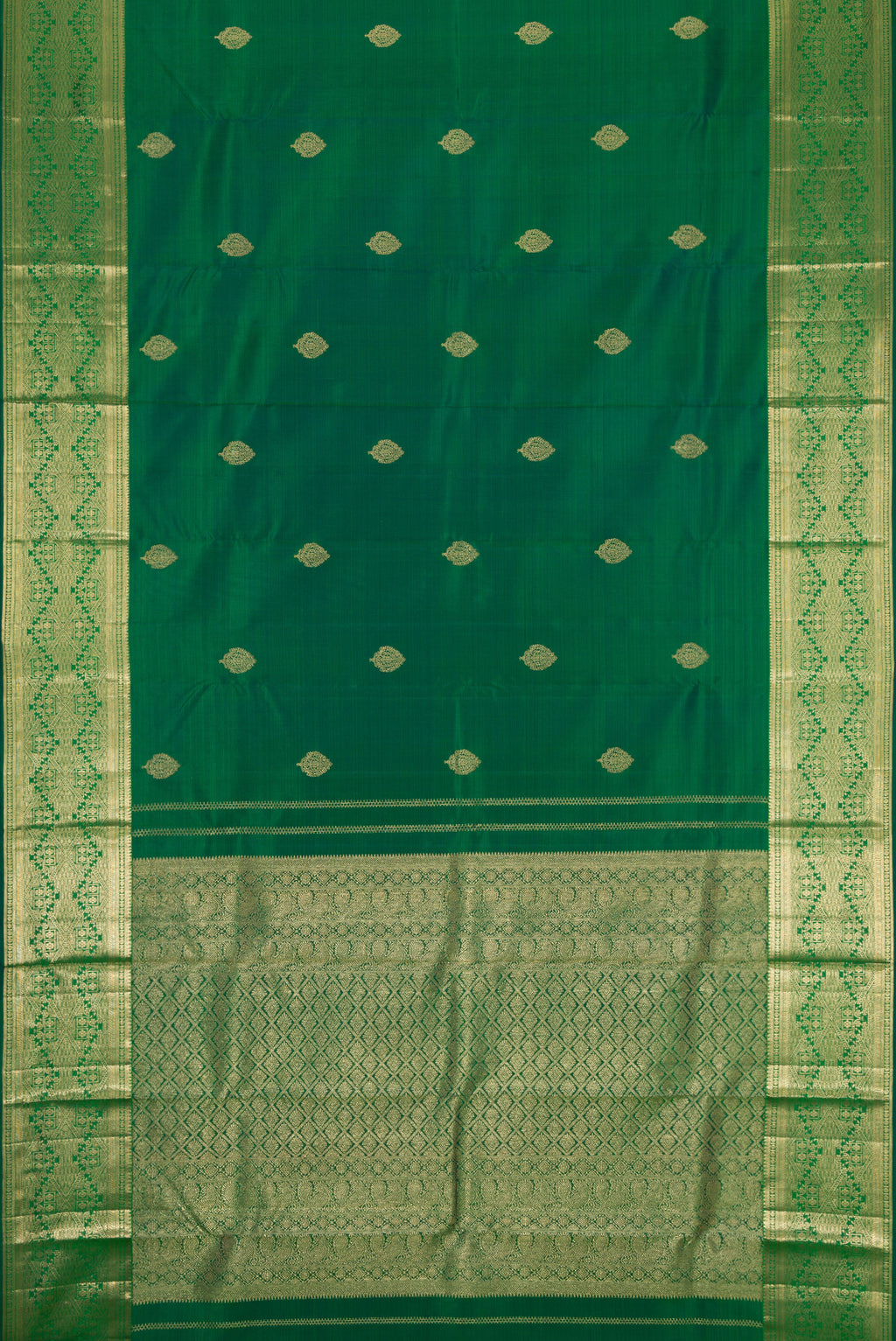 Flat view of Green Dual Tone Kanchipuram Silk Saree with Zari Butta on the body and Zari Border. 